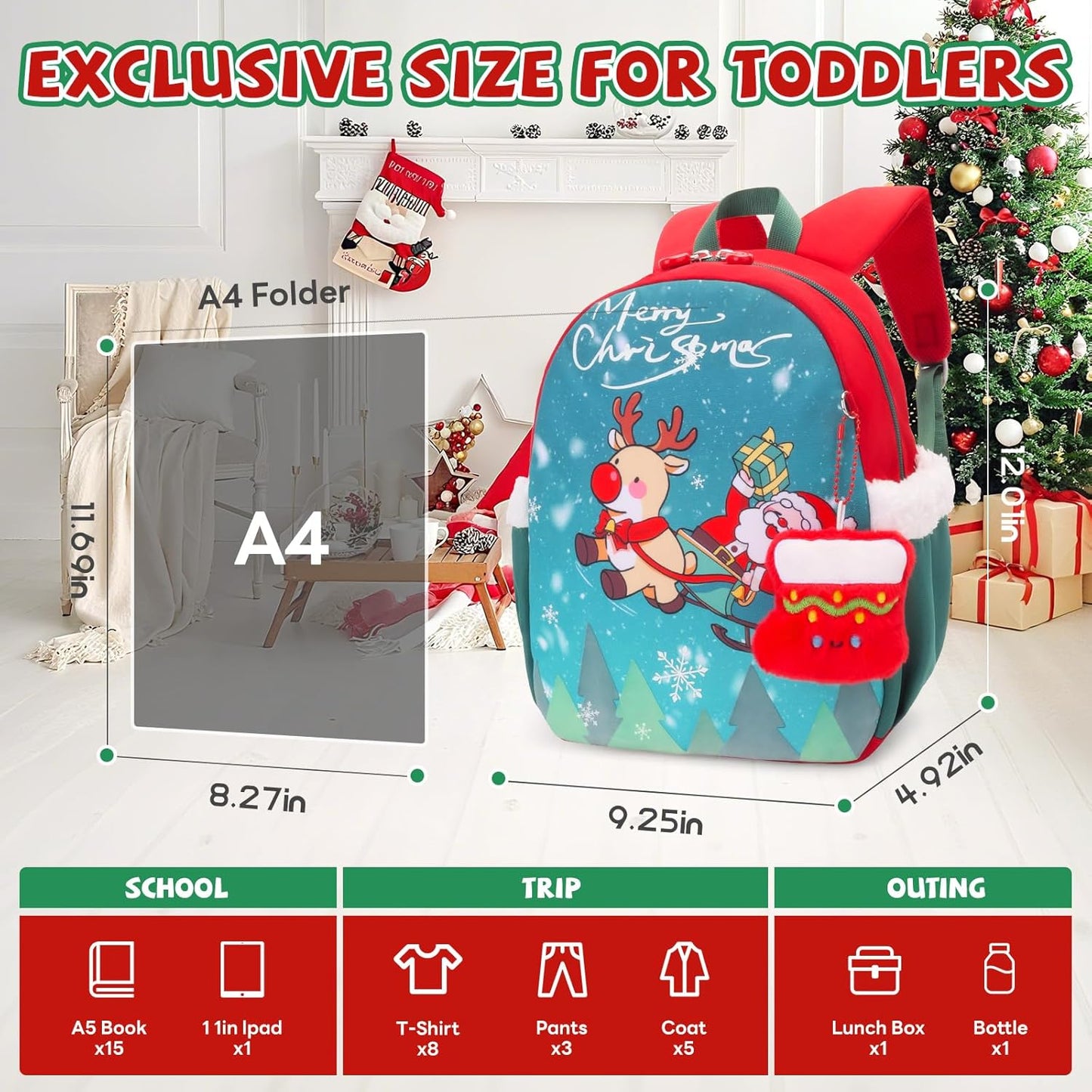 SUN EIGHT Kids Christmas Backpack – Glow in the Dark Santa & Reindeer Design, Lightweight Waterproof School Bag with Plush Stocking Charm & Gift Bag – Perfect Holiday Present for Boys and Girls