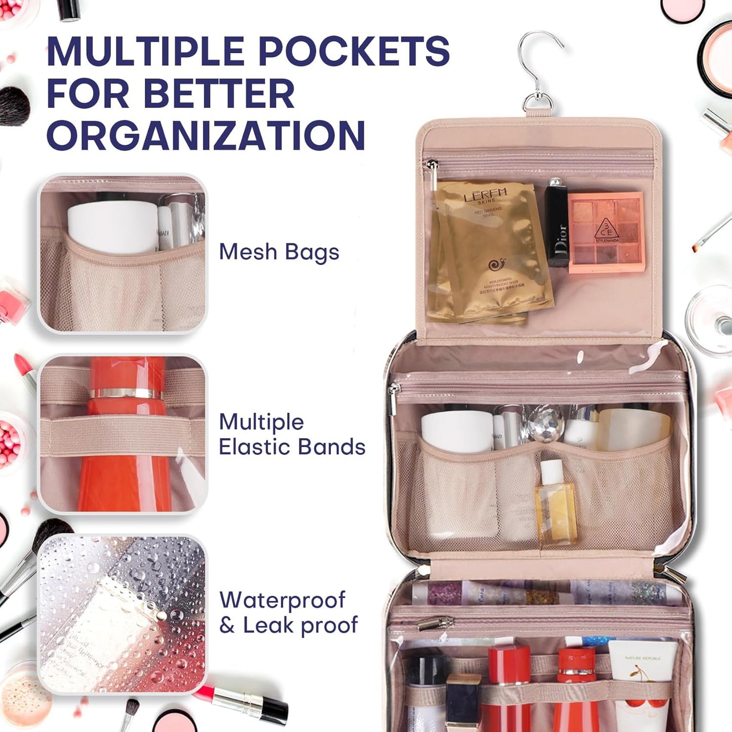 Hanging Toiletry Bag for Women Travel, 2 Sizes Large & Small Waterproof Cosmetic Organizer with 4 Compartments, Rotating Hook, Foldable Pink Travel Bag for Toiletries & Makeup Medium Grey Blue