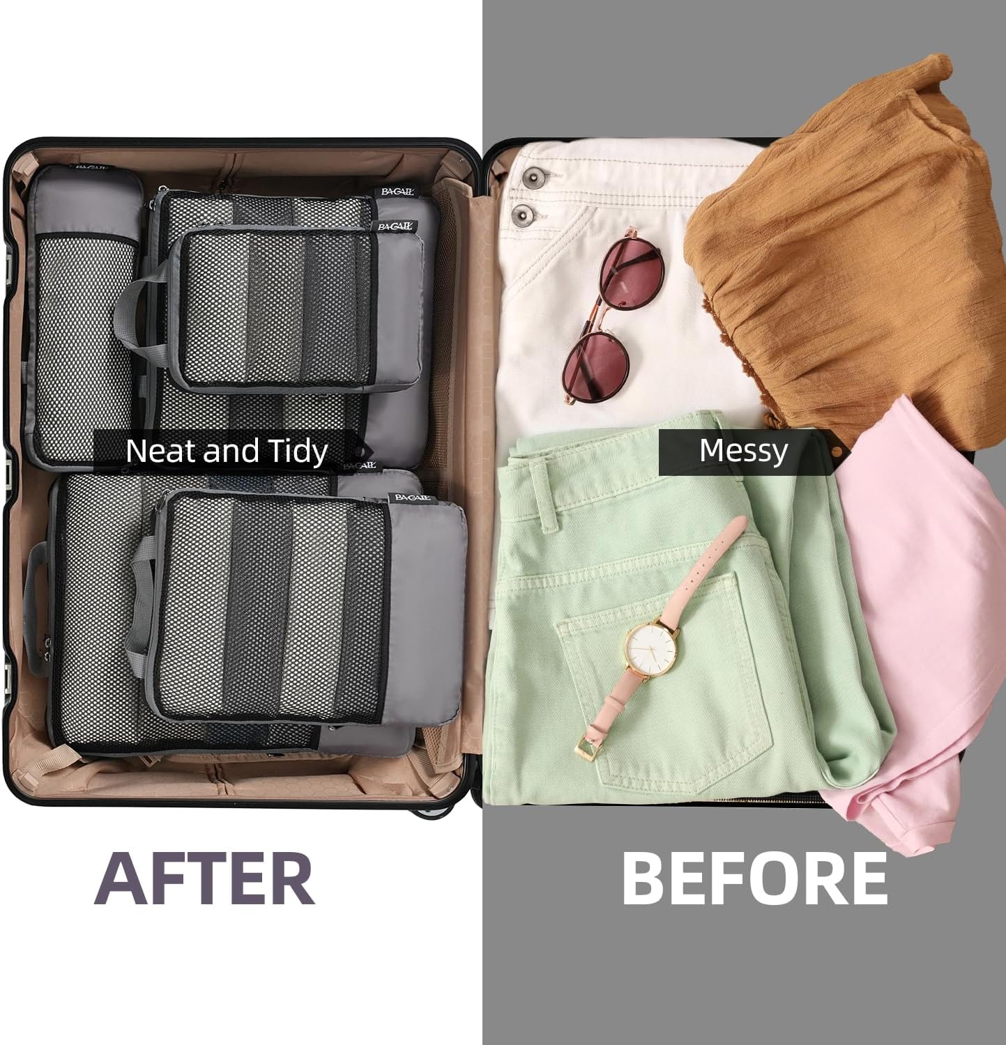 BAGAIL 4 Set/6 Set/8 Set Compression Packing Cubes Travel Accessories Expandable Packing Organizers (Half Mesh, 6-Dark Grey)
