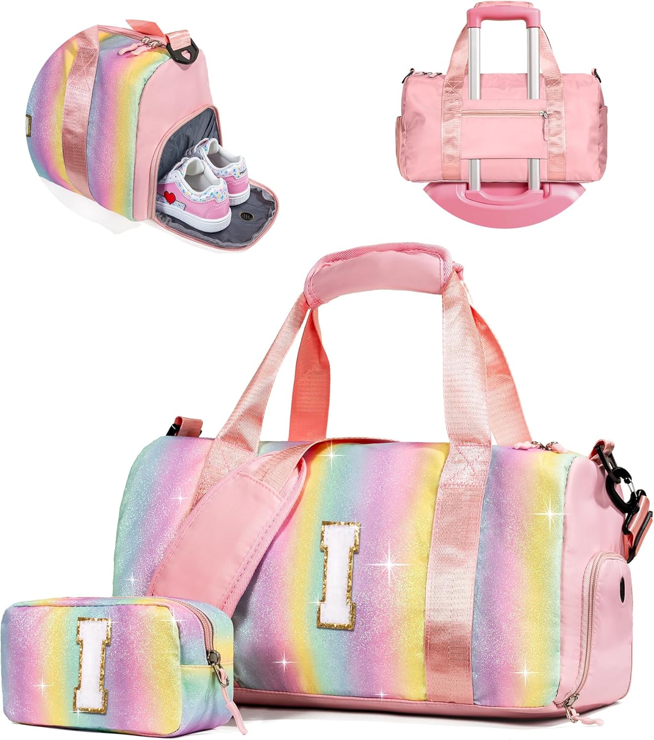 Birthday Gifts for Granddaughter-Girl Gym Bag with Shoe Compartment, Kid Personalized Weekender Overnight Bags, Initial Travel Tote with Makeup Pouch Valentine's Day Gift for Kids (Letter I)