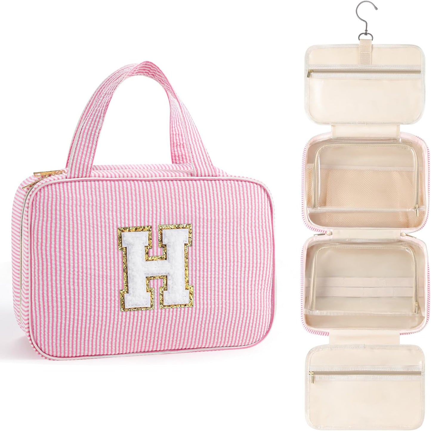 TOPEAST Travel Toiletry Bag for Women - Hanging Toiletry Bag, Personalized Initial Toiletry Bags for Traveling Women, Portable Travel Toiletry Bag for Toiletries, Cosmetics - Letter H,Pink