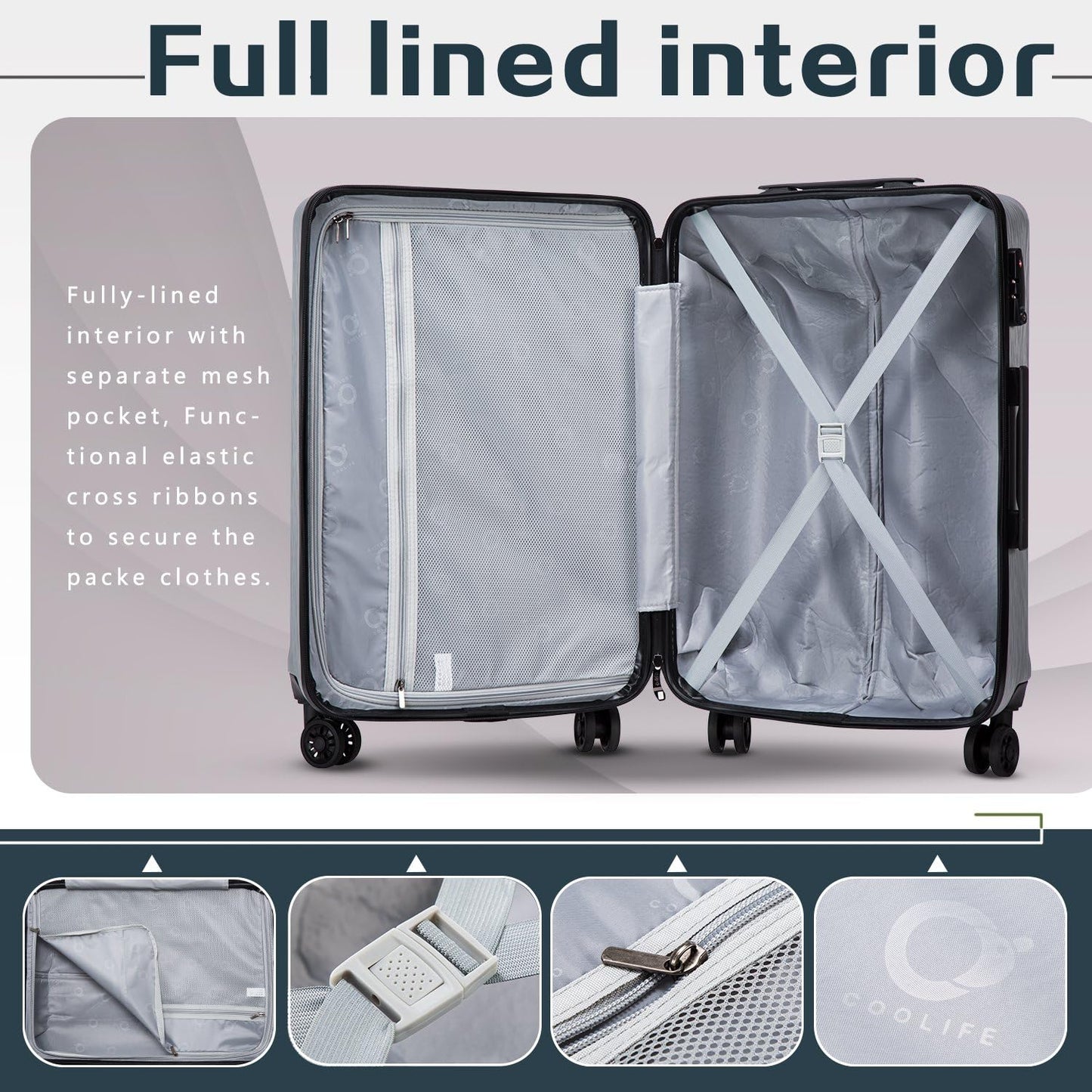 Coolife Luggage Suitcase PC+ABS with TSA Lock Spinner Carry on Hardshell Lightweight 20in 24in 28in (grey, L(28IN))