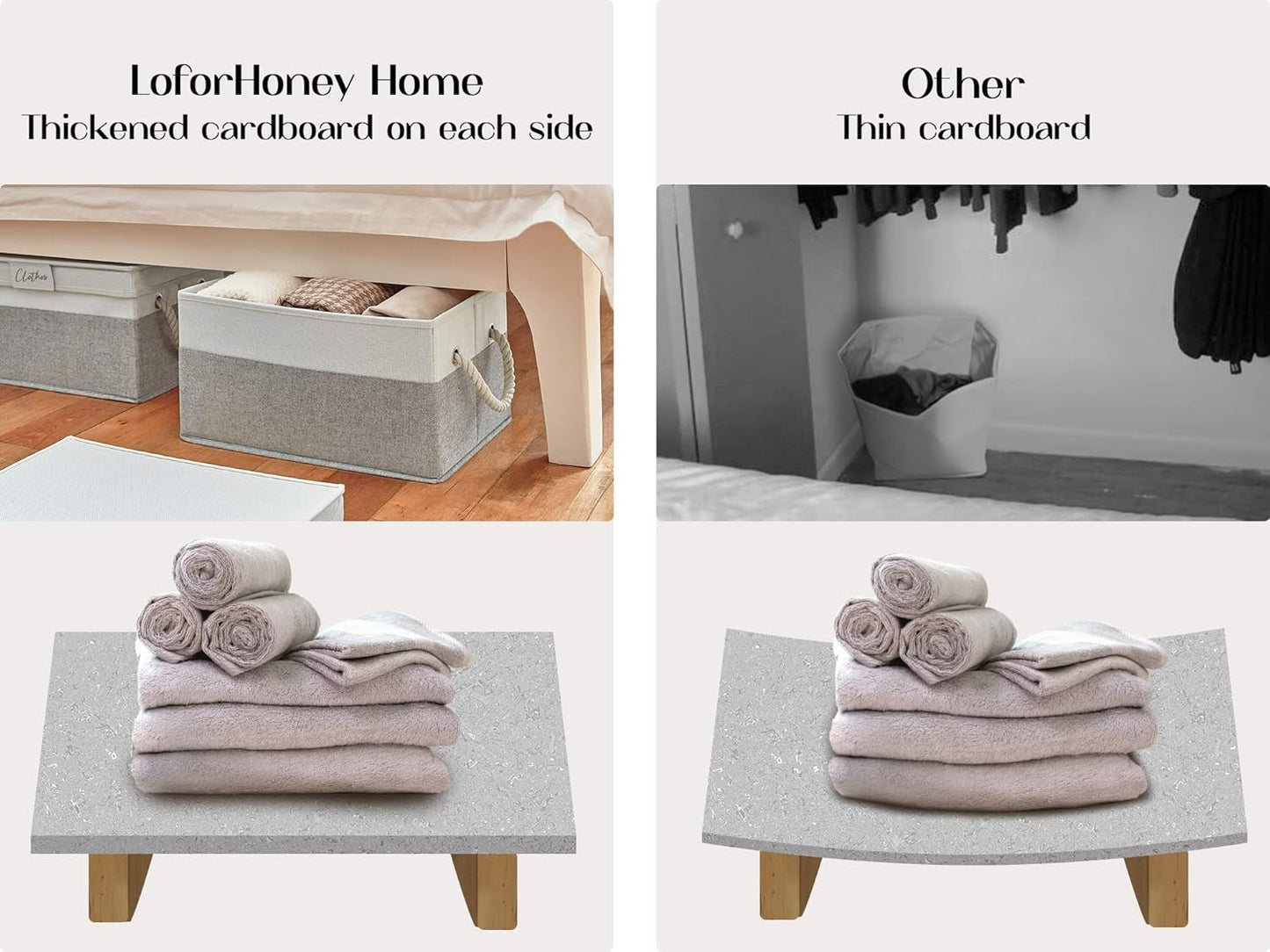 LoforHoney Home Fabric Storage Bins with Lids for Organizing, Foldable Closet Storage Boxes for Shelves, Clothes Baskets with Cotton Rope Handles, Large, Beige & Gray, 2-Pack