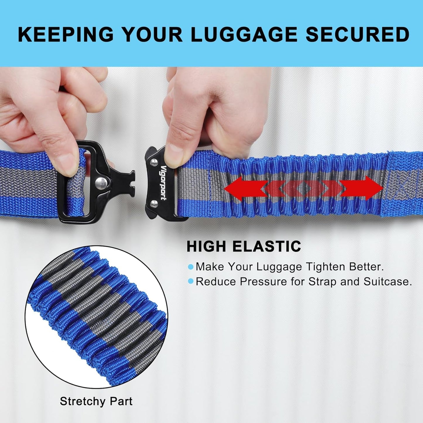 Vigorport Luggage Straps for Suitcases 2 Pack, Heavy Duty Metal Buckle Luggage Belt Strap, TSA Approved Suitcase Belt, Stretchable Travel Strap for Luggage (Blue, 42"-72" Long)
