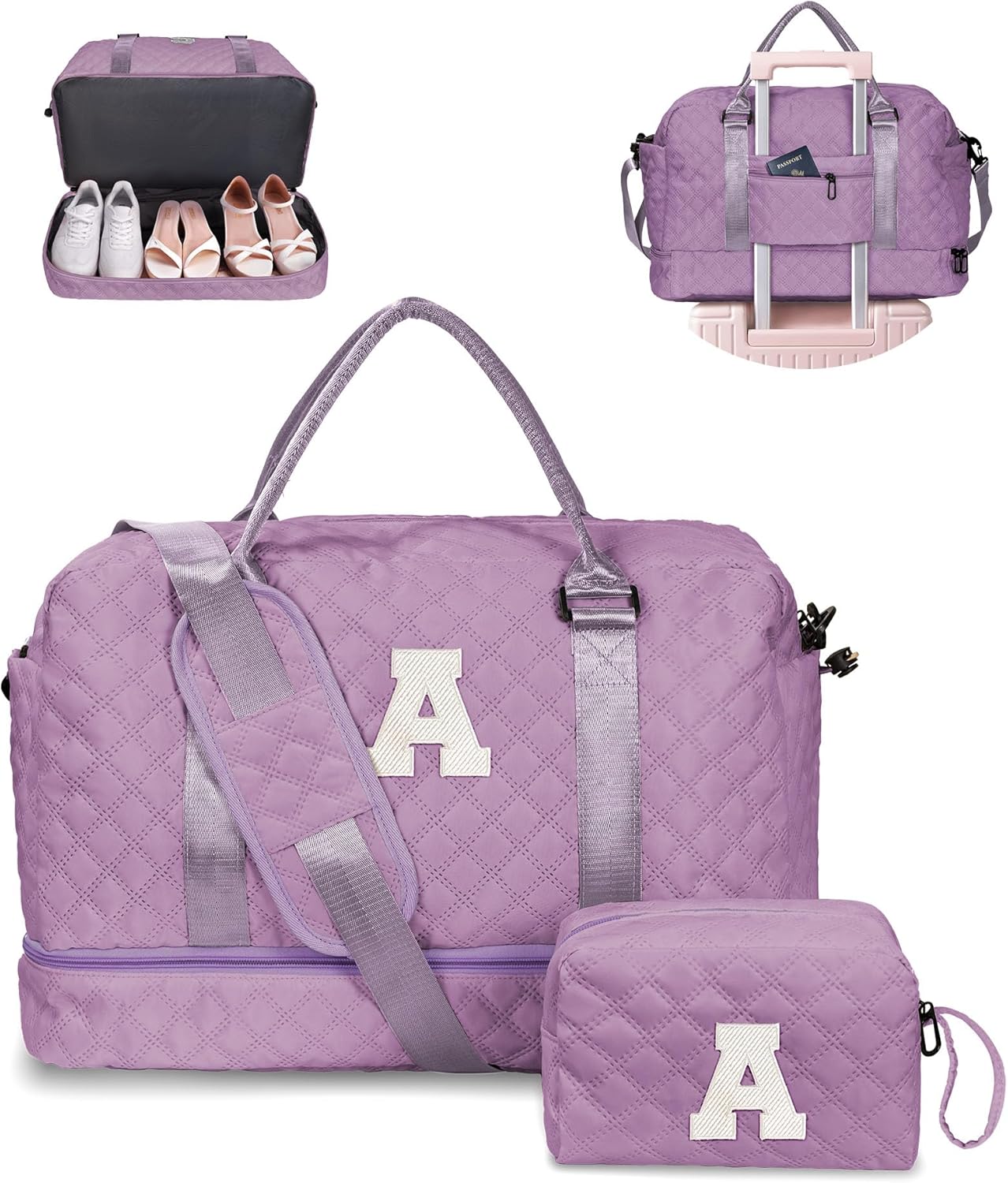 Gift for Women-Initial Teenage Girl Duffle Bag with Shoe Compartment, Personalized Weekender Bag, Monogram Overnight Bag for Kids, Letter Travel Bag with Makeup Bag, Gift for Women (Letter A)