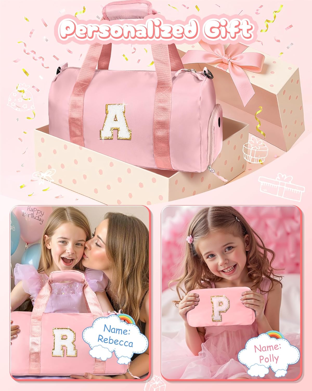 Cute Preppy Gifts for Girls-Girl Gym Bag with Shoe Compartment, Kid Personalized Weekender Overnight Bags, Initial Travel Tote with Makeup Pouch, Chenille Gift for Teen (Letter D)