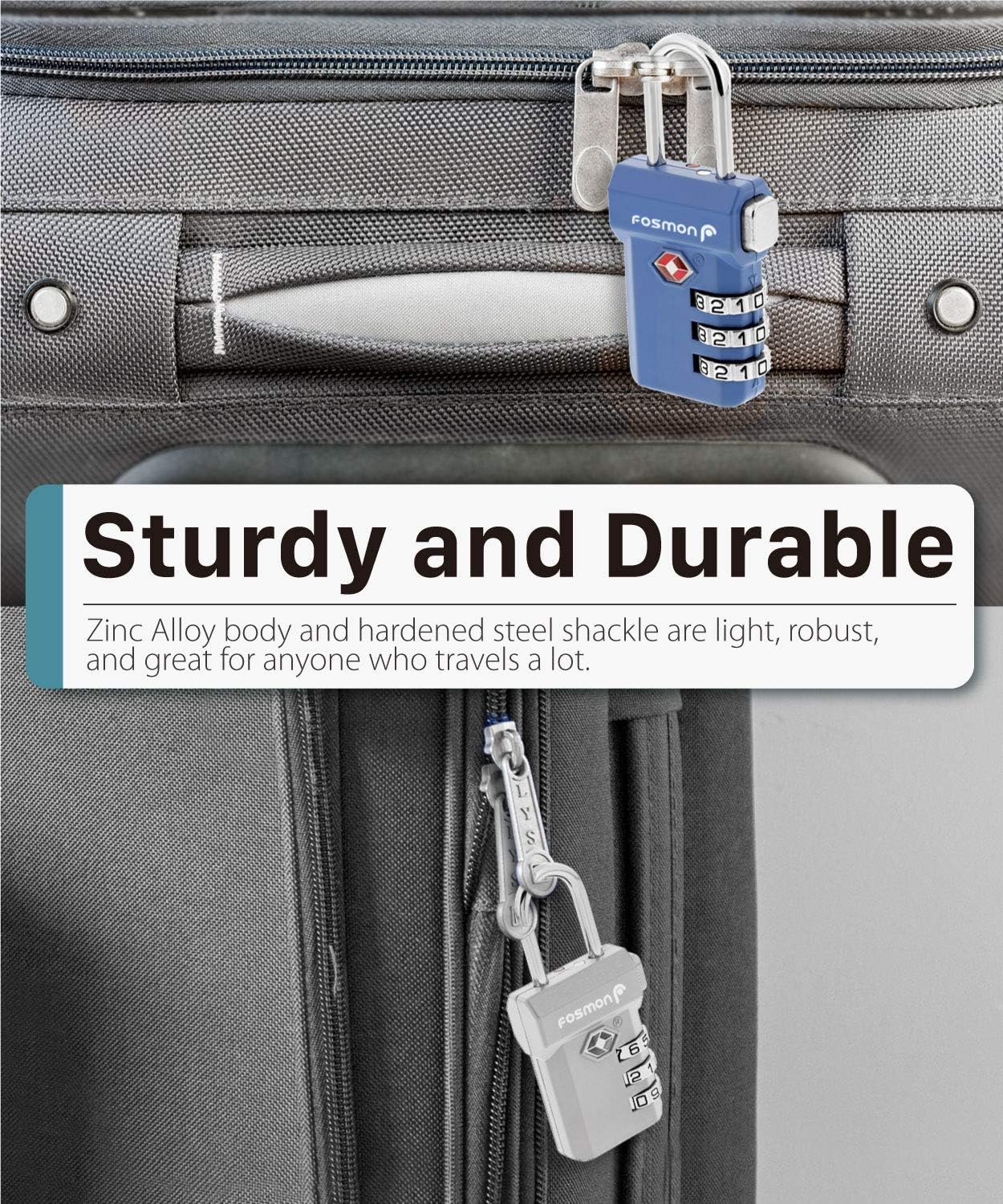 Fosmon TSA Approved Luggage Locks, Suitcase Travel Lock with Push Release Button, 3 Digit Combination Padlock for Gym Locker, Backpack Zipper- 4 Pack