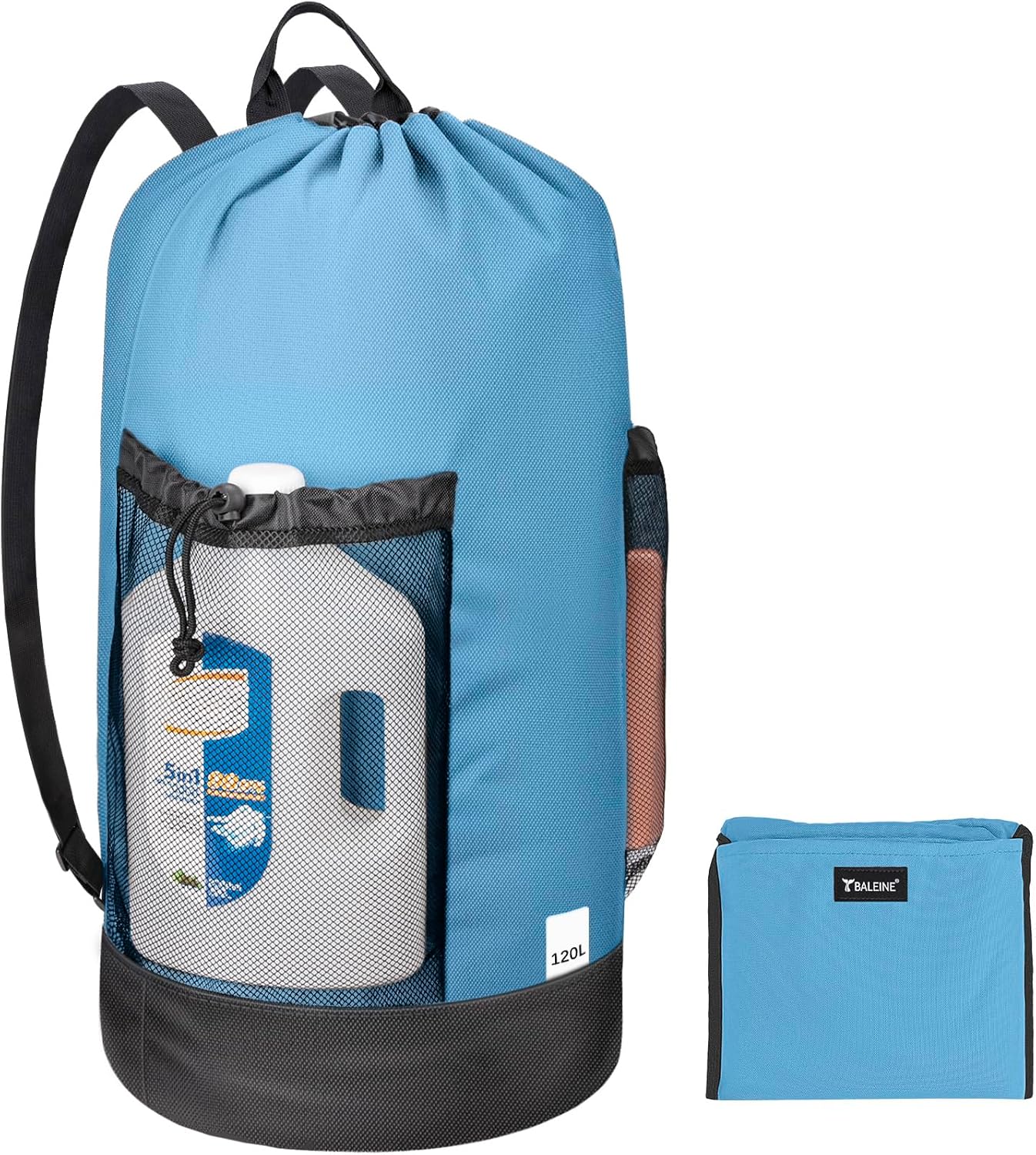BALEINE 120L Laundry Bag Backpack, 900D Oxford Fabric Large Travel Laundry Bags with Shoulder Straps and 2 Mesh Pockets for College Dorm, Apartment, Laundromat (Blue, 120L)