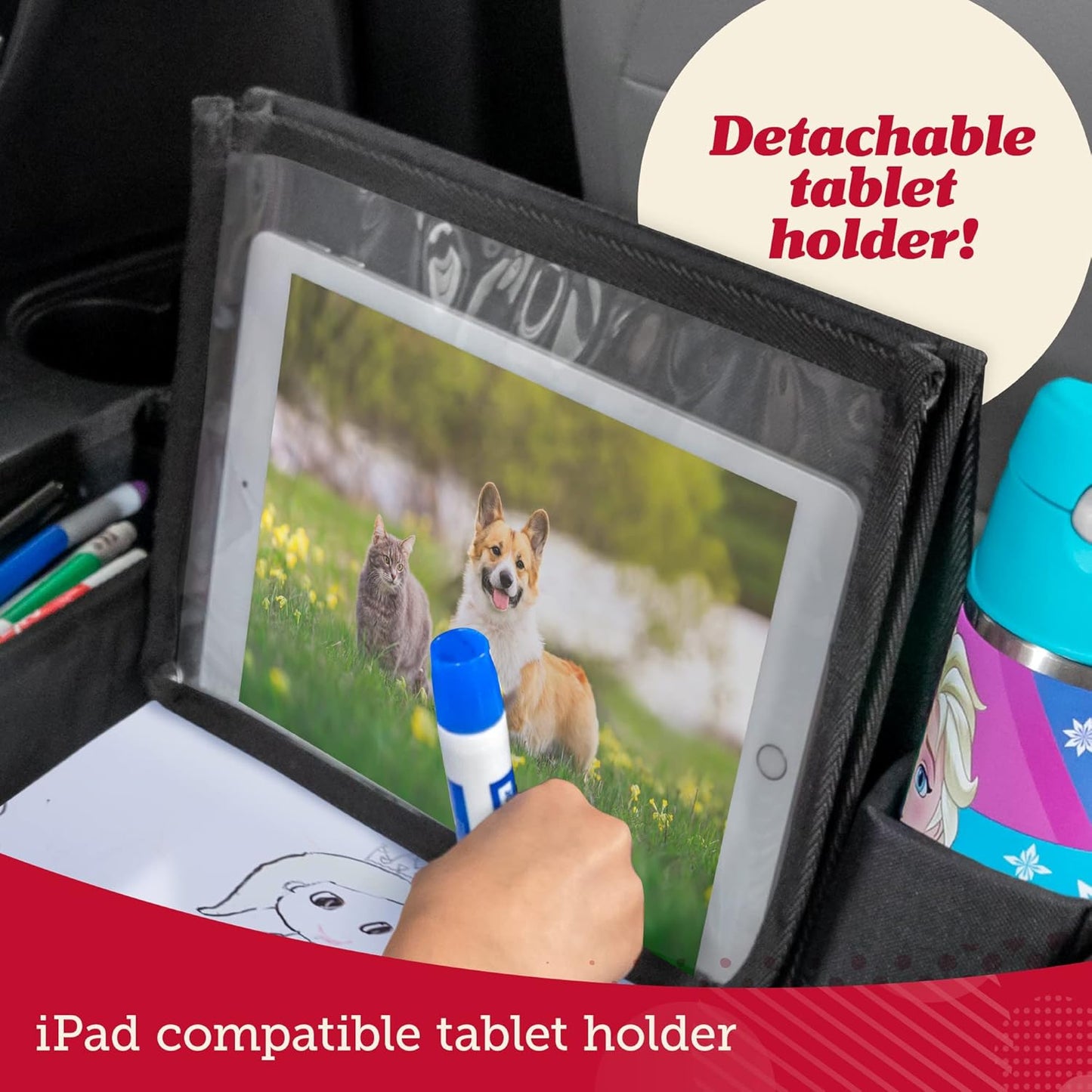 Lusso Gear Kids Travel Tray for Car Seat - Toddler Travel Tray with Dry-Erase Surface - Tablet Holder, Cup Holder and Mesh Storage - Road Trip Activities for Kids on Car, Plane or Train (Dinos)