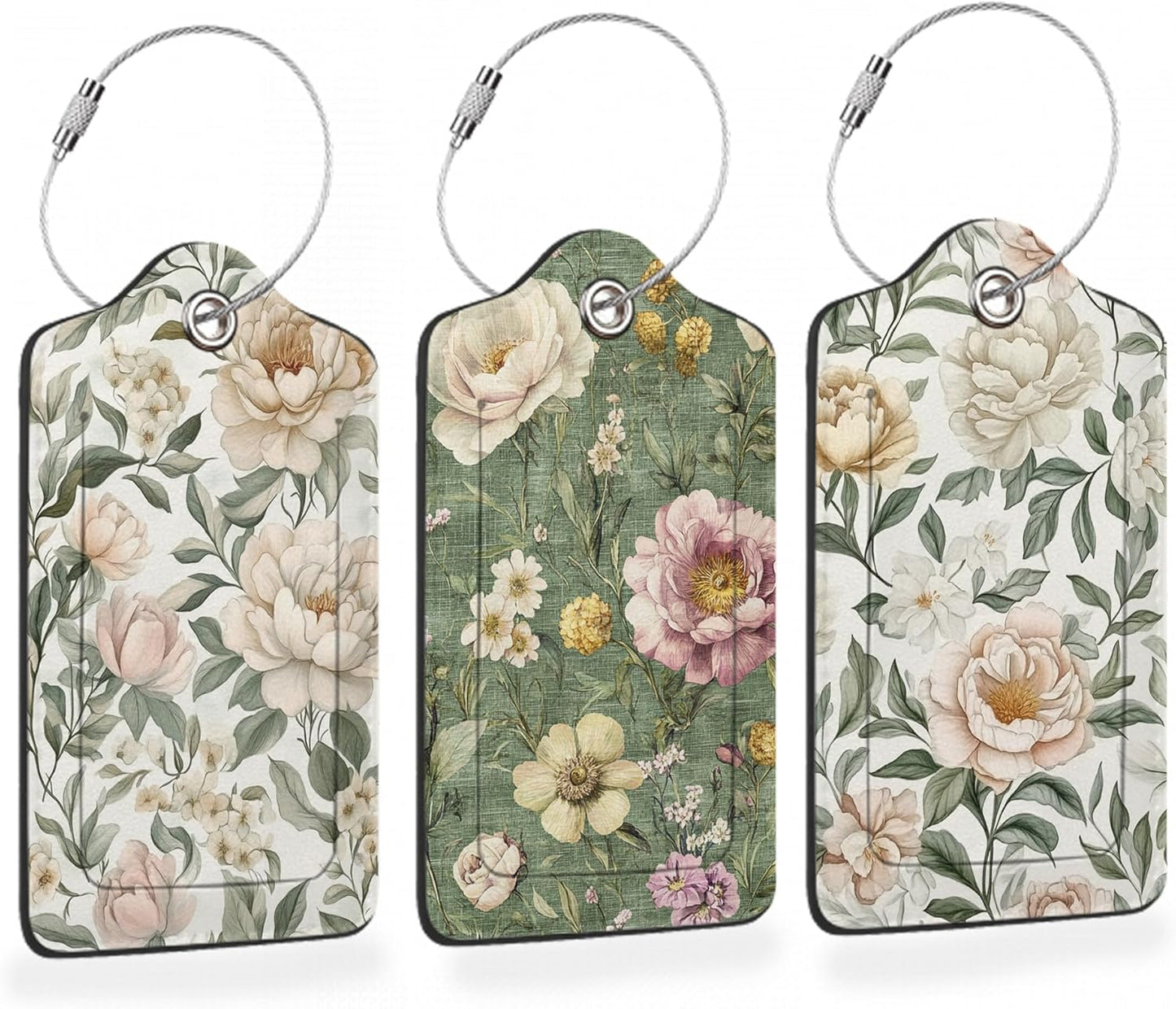 Vintage Peony Floral PU Leather Luggage Tags for Suitcase, Travel Cruise 3 Pack with Privacy Flap, Name ID Label and Metal Loop for Women Men Girls Baggage Bag Backpack