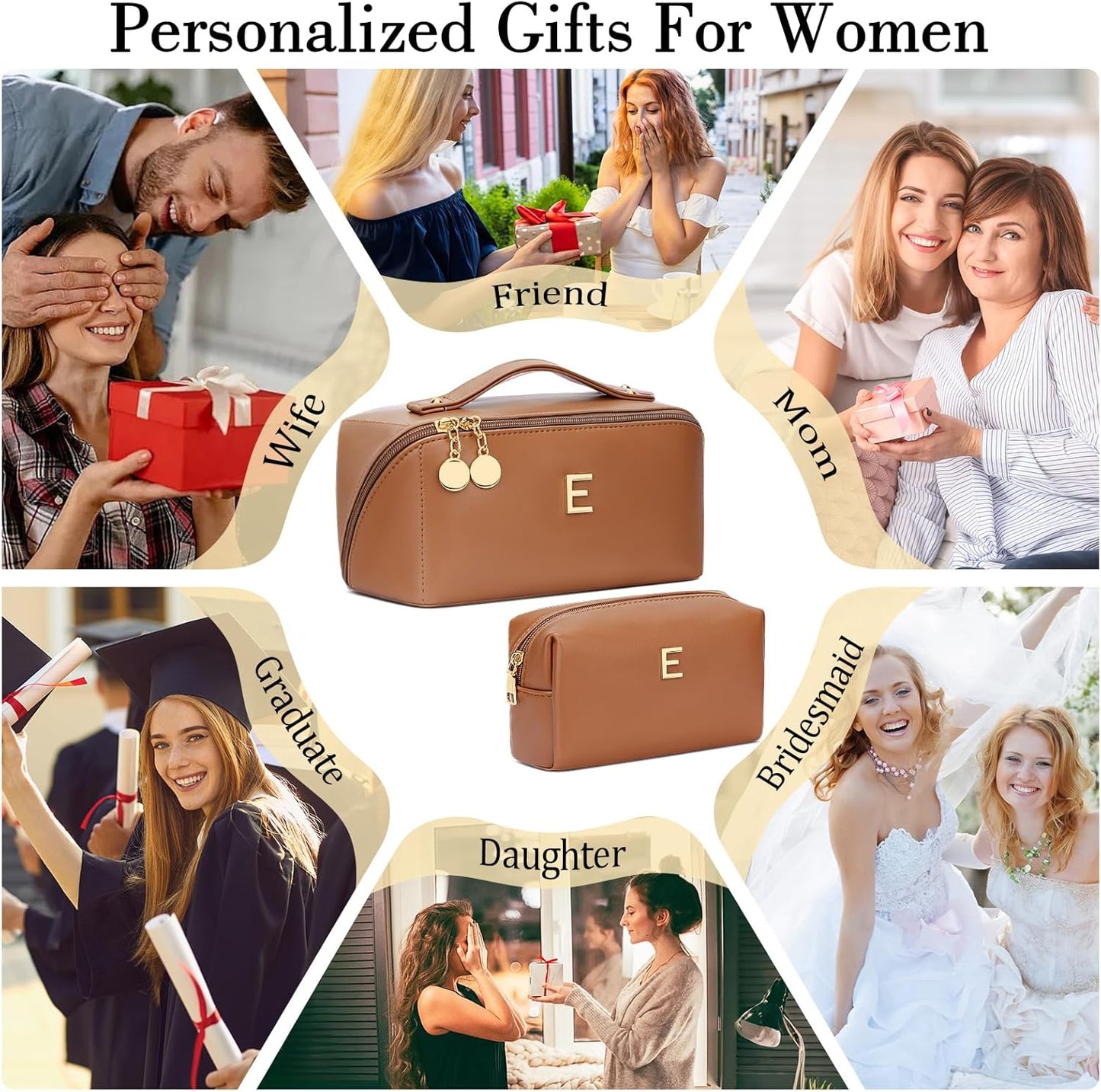 Birthday Gifts for Women Teen Girl, Personalized Initial Makeup Organizer Bag Set, Open Flat Travel Cosmetic Bag With Clear Divider and Handle(Brown,E)