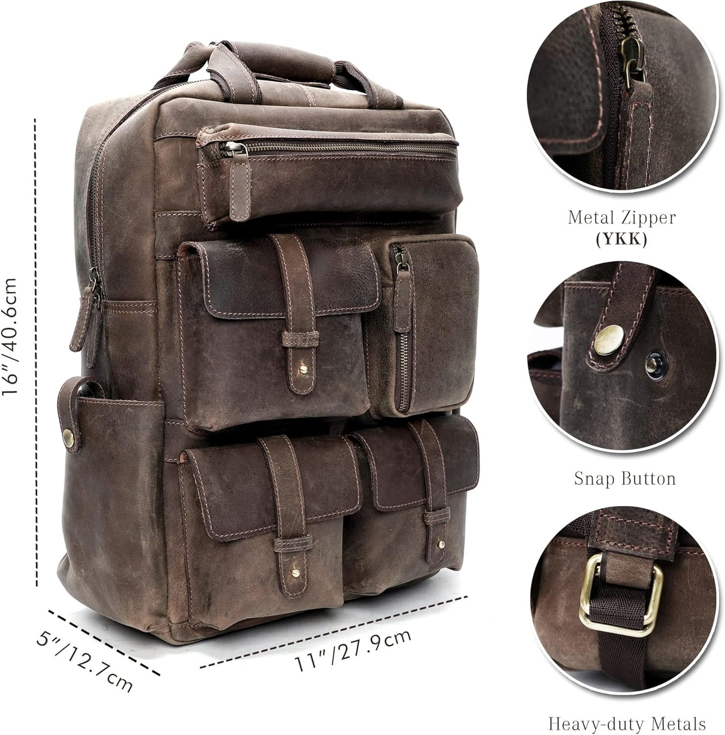 Handmade Leather Backpack for Men and Women, 15.6 Inch Laptop Bag, Genuine Leather Casual Daypack, For College & Office, Travel or Hiking - Retro Hunter Brown