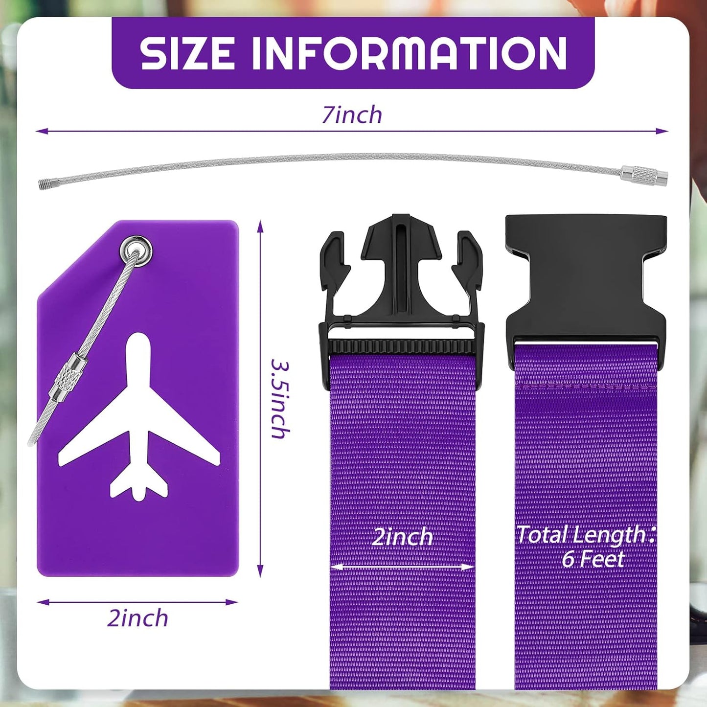 Weewooday 8 Pcs Luggage Straps Suitcase Tags Set for TSA Approved, 4 Travel Adjustable Suitcase Belt, 4 Silicone Luggage Tags with Name ID Card Travel Accessories(Dark Purple,Airplane)