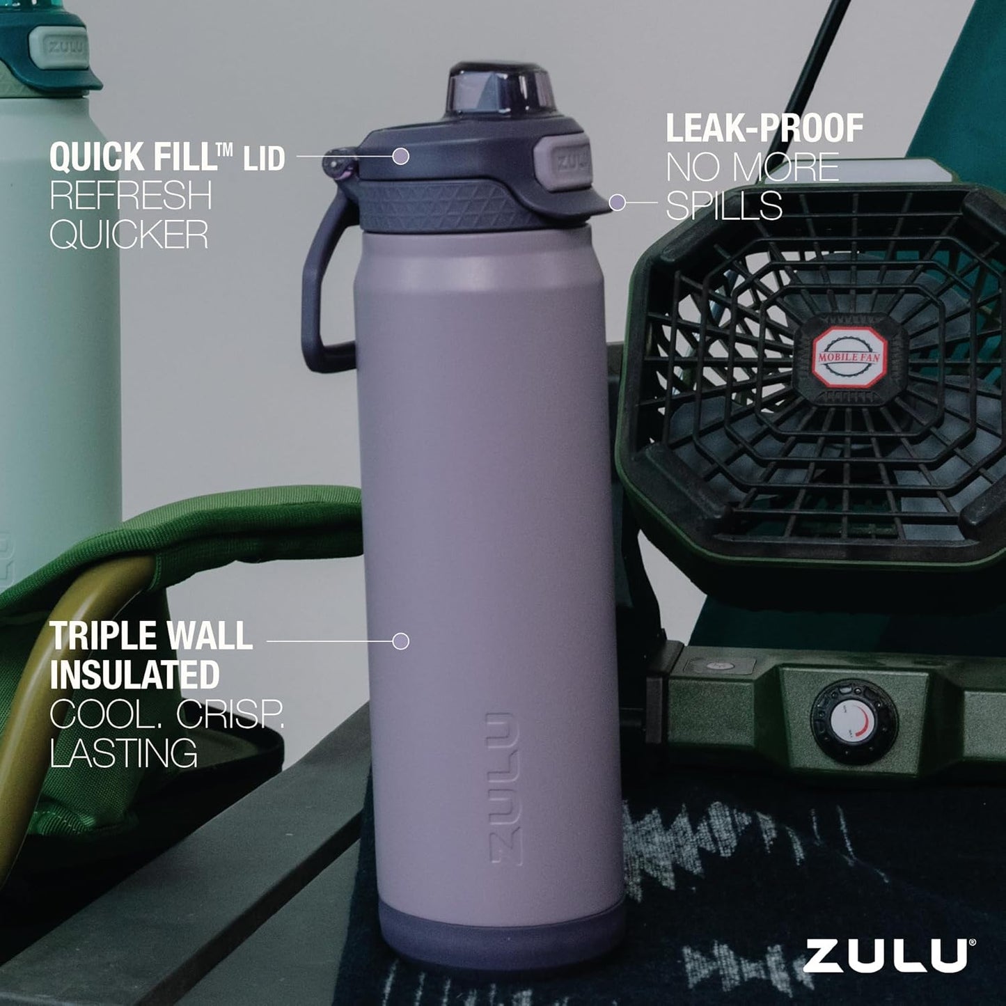 ZULU Powerfill Pro 24oz Stainless Steel Water Bottle with Quick Fill Lid, Triple Walled Vacuum Insulated Metal, Leak Proof Locking Lid, Sip and Chug, Reusable BPA Free, Amethyst