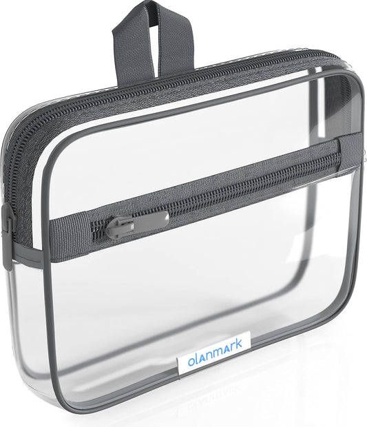 TSA Approved Toiletry Bag with Pocket - 311 Small Quart Size Cosmetic Case for Airport Liquids - Clear Makeup Pouch Transparent Plastic Zipper Organizer - PVC Travel Bags Grey