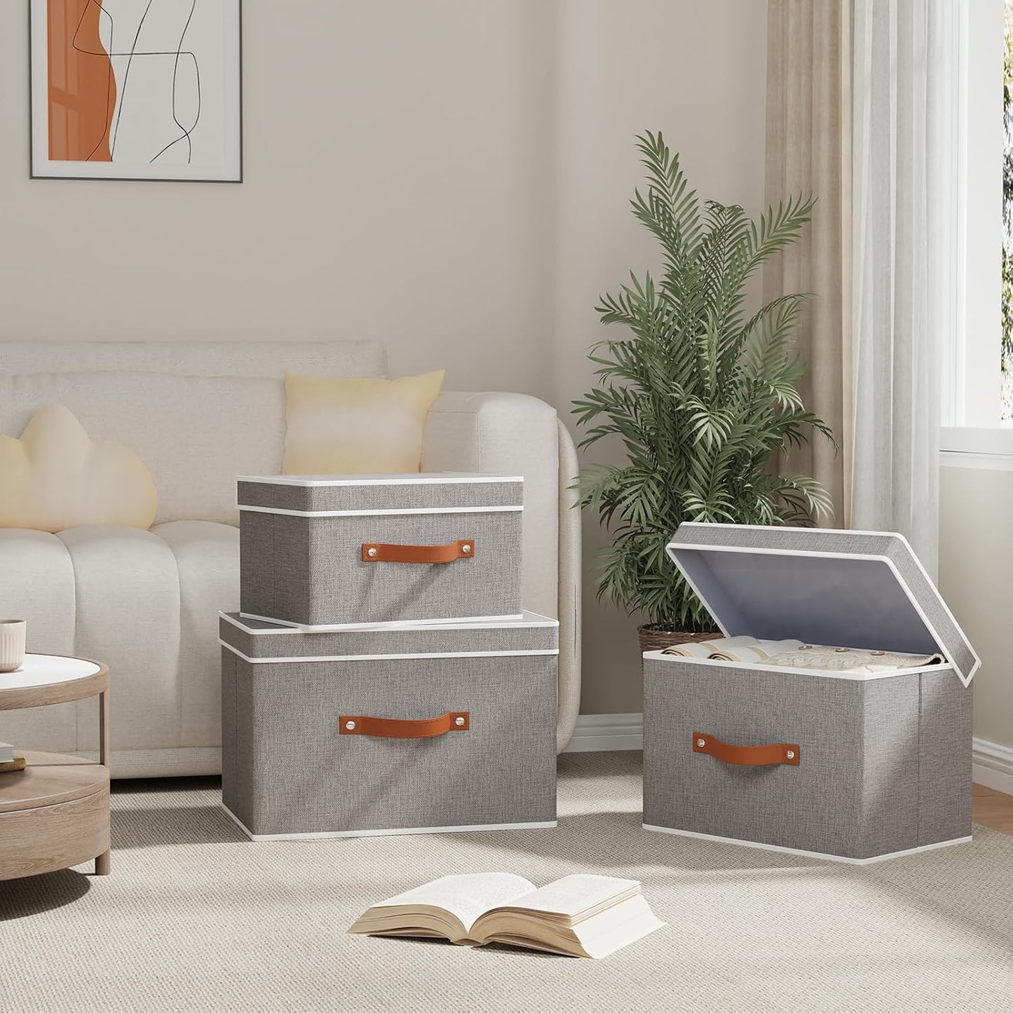 Collapsible Storage Bins with Lids, Linen Foldable Cloth Baskets, 17.7 x 11.8 x 11.8 Inch Closet Organizer Containers with Double Handles, Sweater Boxes for Bedroom, Grey, 5 Pack