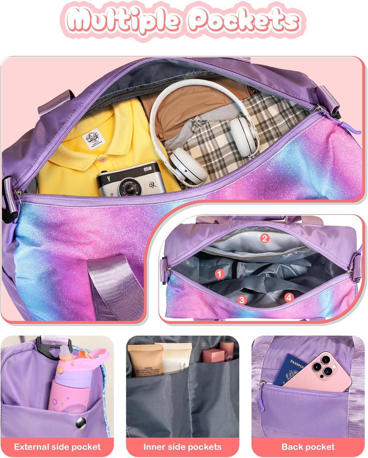Gifts for 4 5 6 7 8 9 10 Year Old Girls-Girl Gym Bag with Shoe Compartment, Kid Personalized Weekender Overnight Bags, Initial Travel Tote with Makeup Pouch, Gift for Daughter (Letter G)