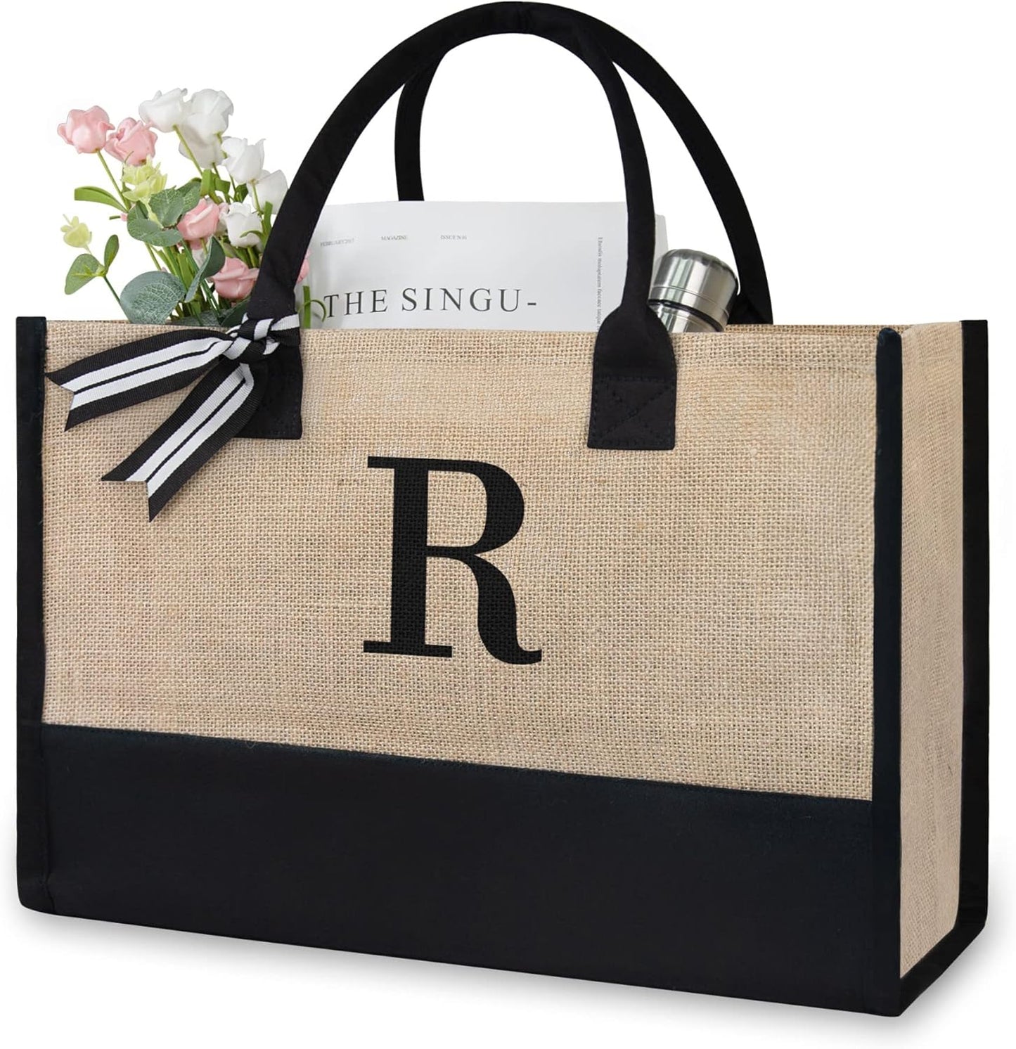 TOPDesign Initial Jute/Canvas Tote Bag, Personalized Present Bag, Suitable for Wedding, Birthday, Beach, Holiday, is a Great Gift for Women, Mom, Teachers, Friends, Bridesmaids (Letter R)