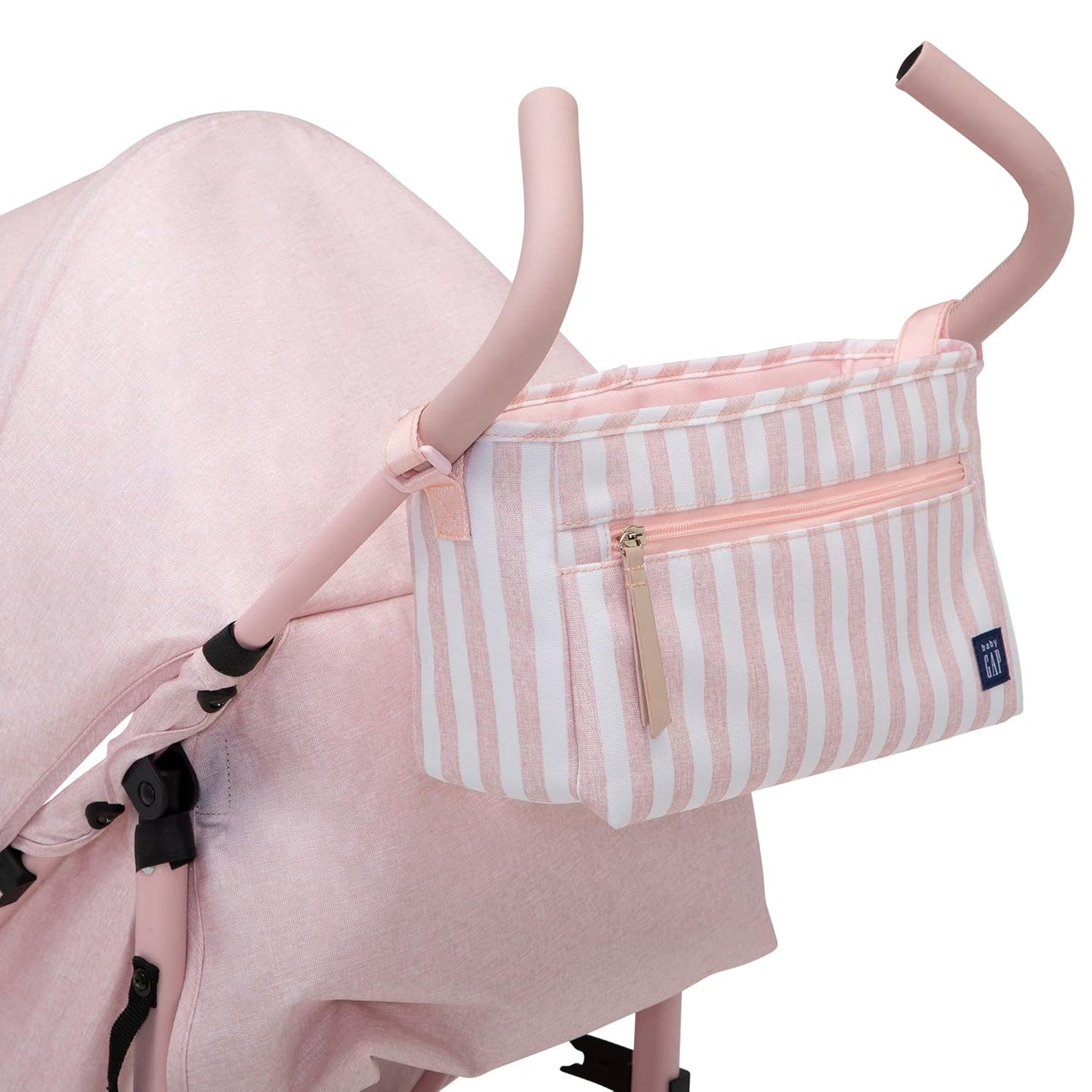 babyGap Classic Stroller - Lightweight Stroller with Recline, Compact Fold & Removable Parent Organizer - Made with Sustainable Materials, Pink Stripes