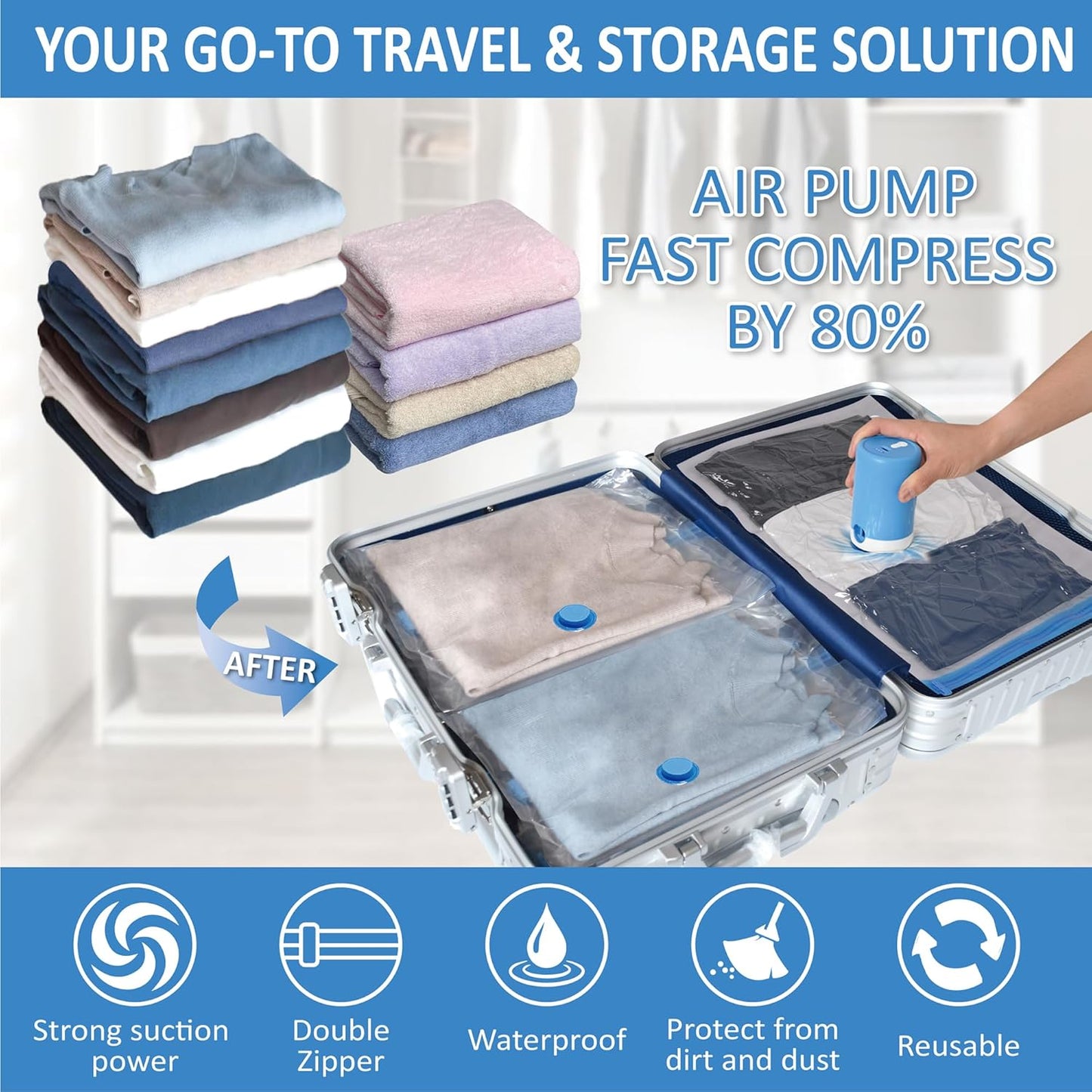 Cozy Essential Travel Vacuum Bags with Electric Pump, 10 Pack Vacuum Travel Bags for Luggage and Suitcase, Vacuum Seal Space Saver Compression for Clothes Clothing