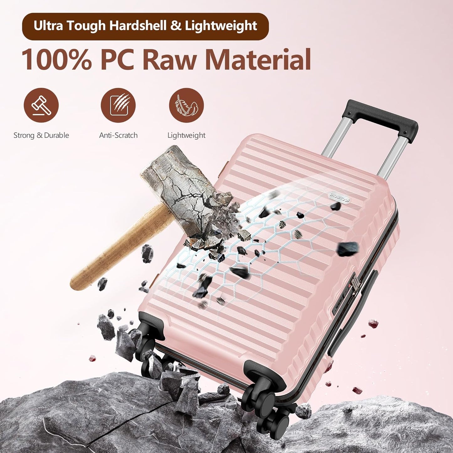 SHOWKOO Suitcase Hardside Expandable Luggage Set, Suitcase with Double Spinner Wheels TSA Lock 3 Piece Set Pink (DB/TB/24in)