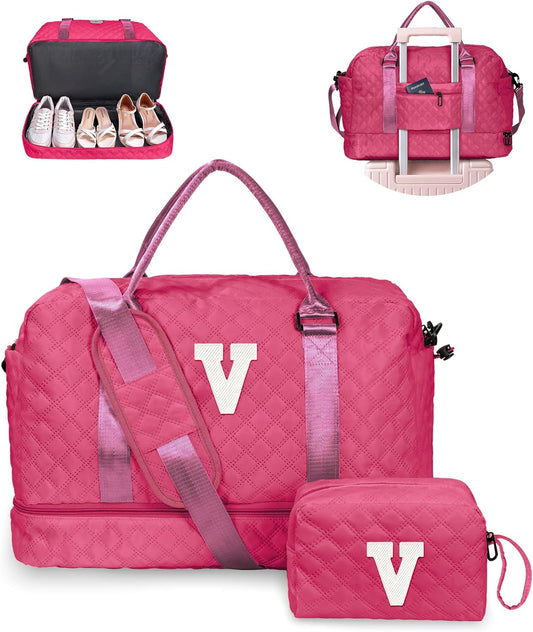 College Graduation Gifts,Birthday Gift-Initial Travel Bag with Shoe Compartment, Personalized Weekender Bag, Monogram Overnight Bag for Women, Letter Travel Bag with Makeup Bag (Letter V)