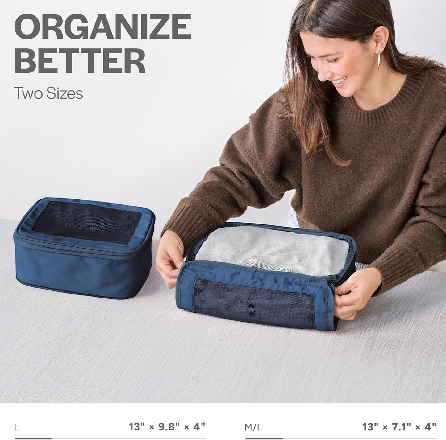 Compression Packing Cubes for Travel - Luggage Organizer Bags - Double Zipper Packing Cubes for Suitcases (2-Pack, Dark Blue)