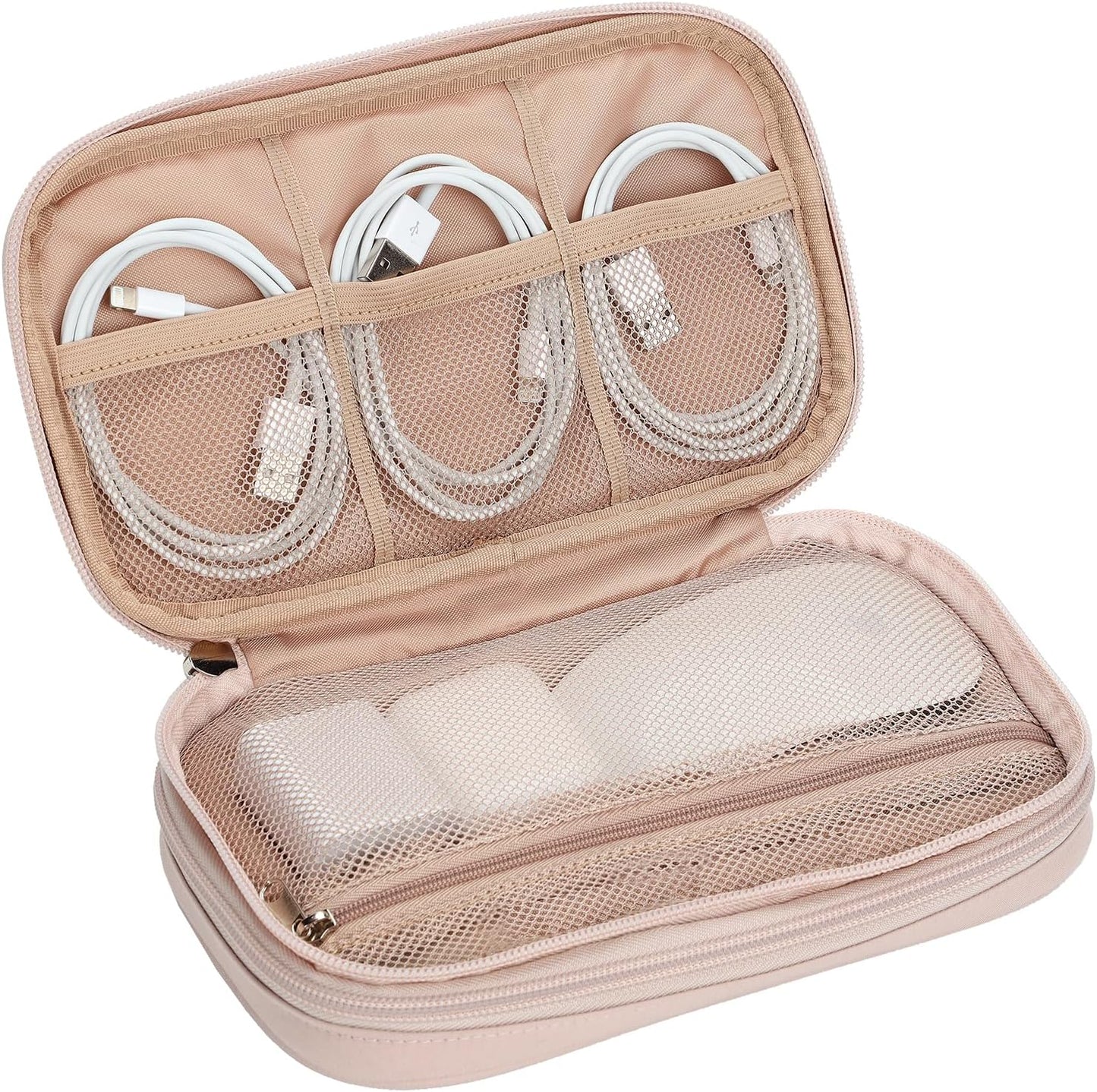 NISHEL Travel Cord Organizer Case, Double Layers Tech Electronic Bag, Essentials for Charger, Cable, Phone, Flash drive, Pink