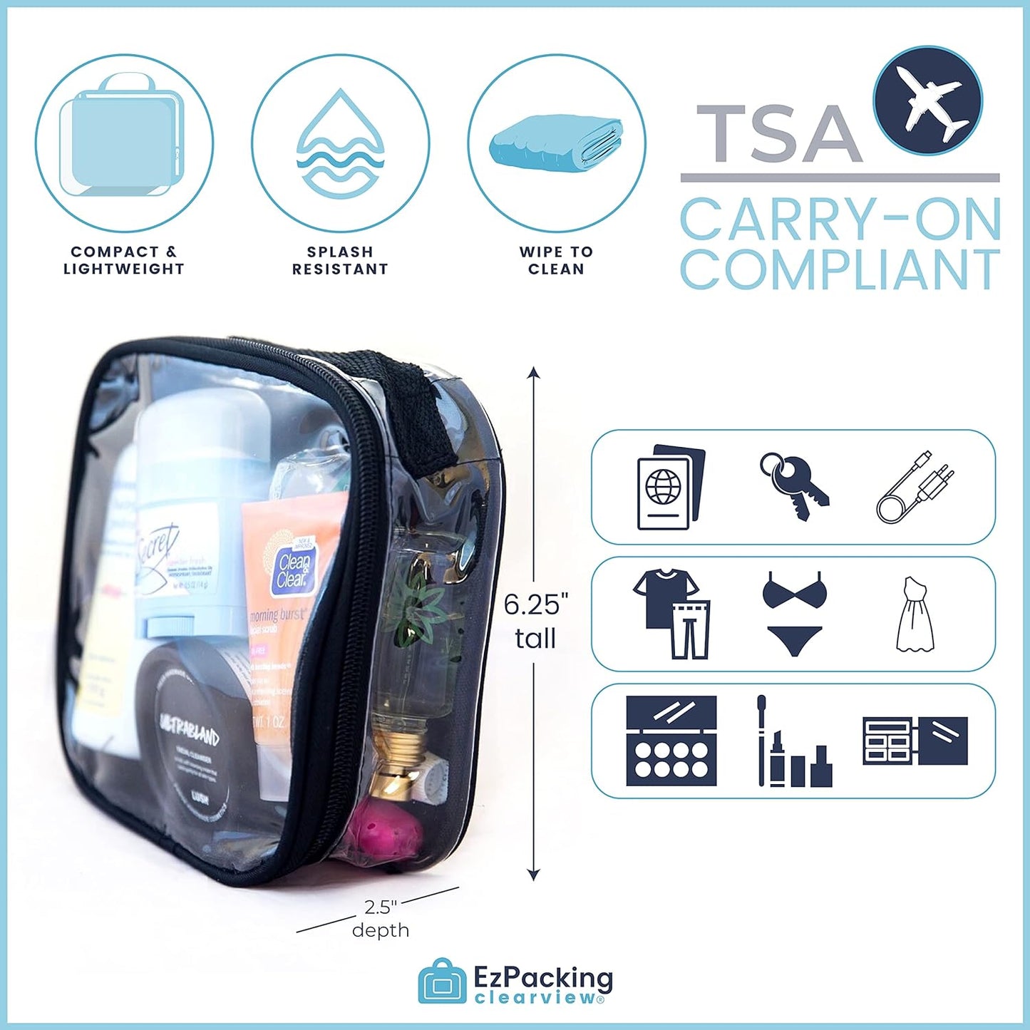 EzPacking Clear TSA Approved 3-1-1 Travel Toiletry Bag for Carry On/Quart Size Transparent Liquids Pouch for Airport Security/Reusable See Through Vinyl & PVC Plastic Organizer Men Women (Purple)