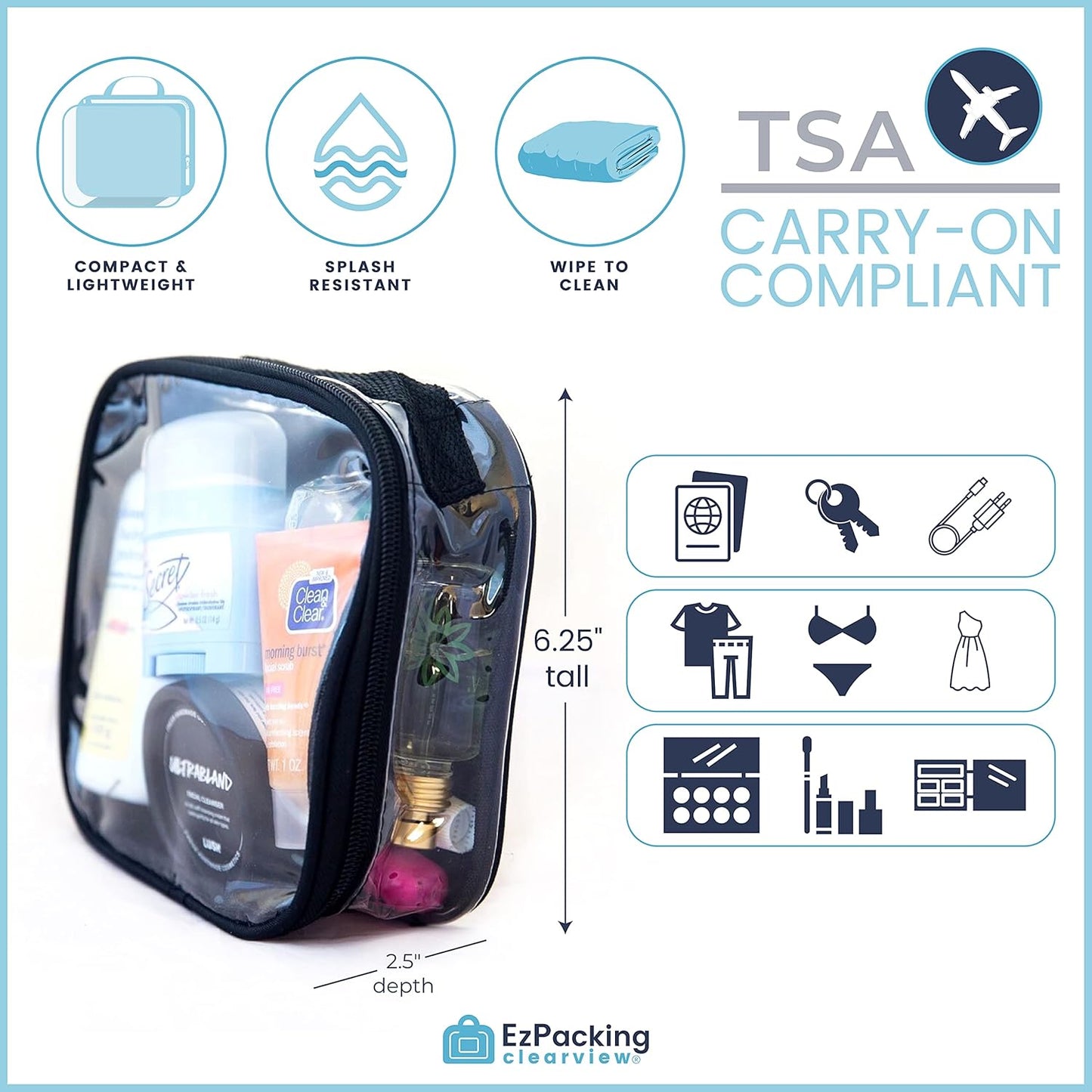 EzPacking Clear TSA Approved 3-1-1 Travel Toiletry Bag for Carry On/Quart Size Transparent Liquids Pouch for Airport Security/Reusable See Through Vinyl & PVC Plastic Organizer Men Women (Pink)