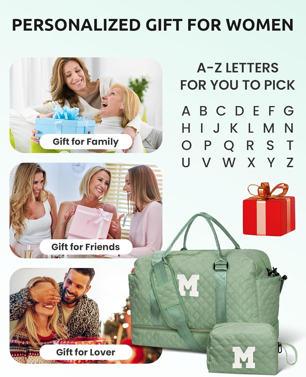 Gifts for College Girls-Initial Travel Bag with Shoe Compartment, Girl Personalized Weekender Bag, Monogram Overnight Bag for Women, Letter Travel Bag with Makeup Bag (Letter W)