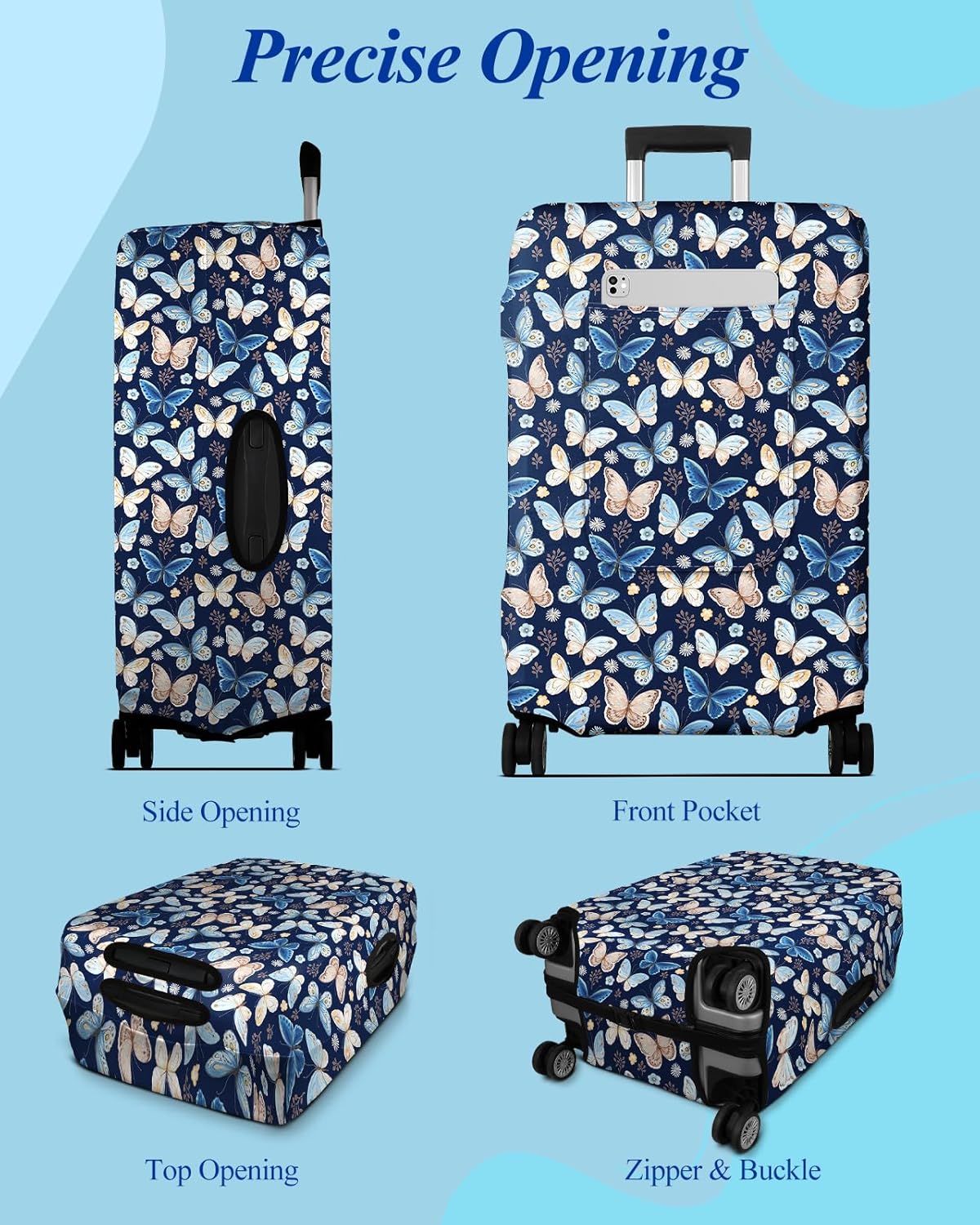 Slohif Luggage Cover for Suitcase Tsa Approved Protector - Luggage Sleeve Large Suit Case Cover Travel Stretch Baggage Case Protective Washable Fit 26-28 Inch Blue Butterfly M