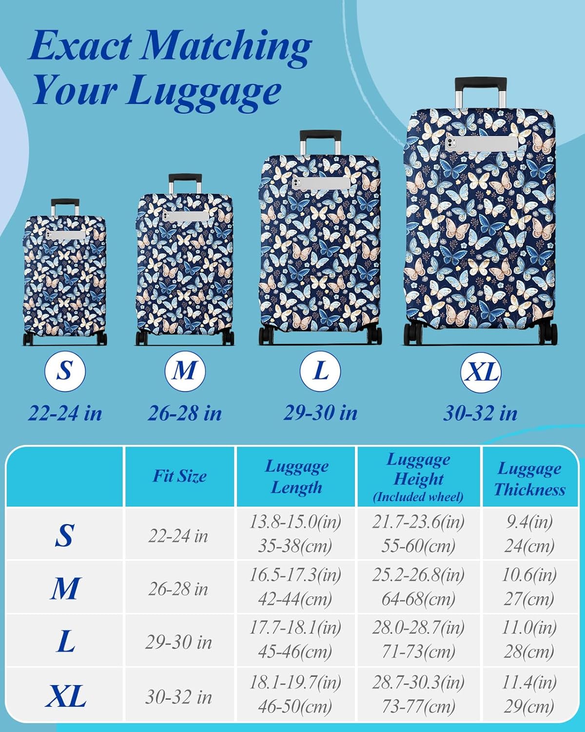 Slohif Luggage Cover for Suitcase Tsa Approved Protector - Luggage Sleeve Large Suit Case Cover Travel Stretch Baggage Case Protective Washable Fit 26-28 Inch Blue Butterfly M