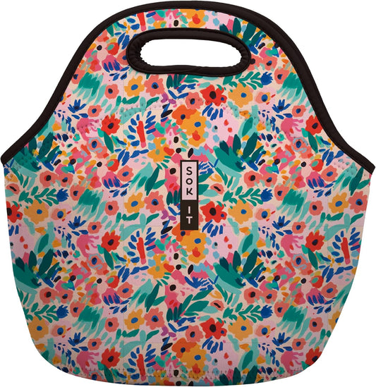 Sok It LunchTote Zippered Bag Insulated Neoprene Caddy (Abstract Floral, Large 4.5 Quart Lunch Tote)