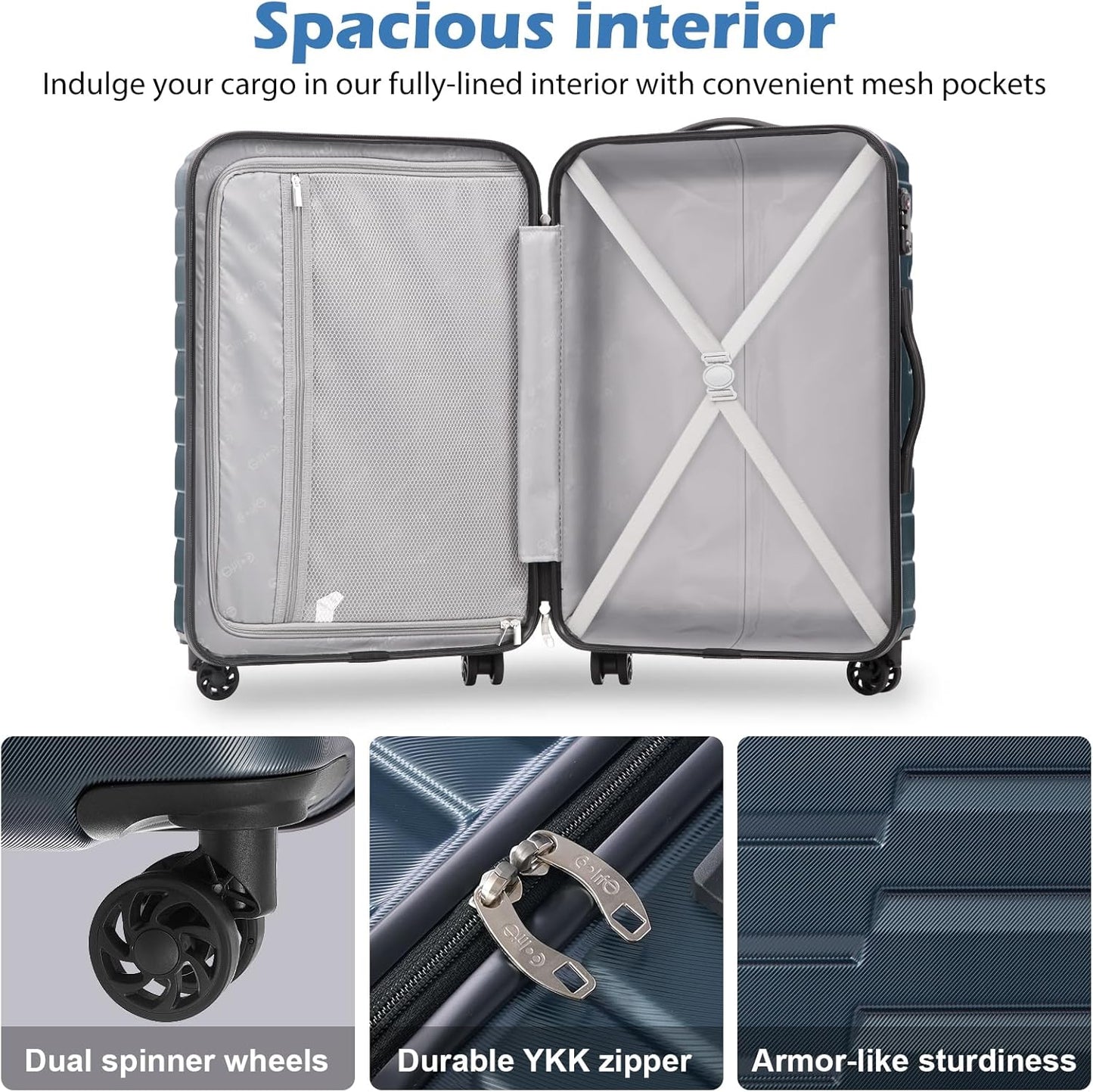 Coolife Larage Luaggage Hardside Expandable Suitcase with Spinner Wheels Checked 28-Inch（Blue）