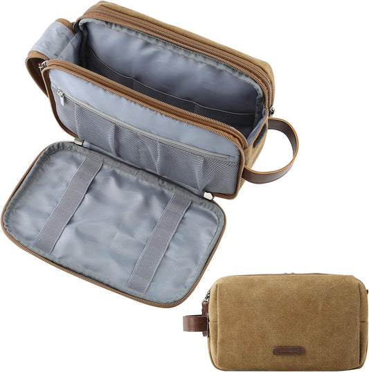 BAGSMART Toiletry Bag for Men, Canvas Travel Toiletry Organizer Dopp Kit Water-resistant Shaving Bag for Toiletries Accessories,Khaki-Large