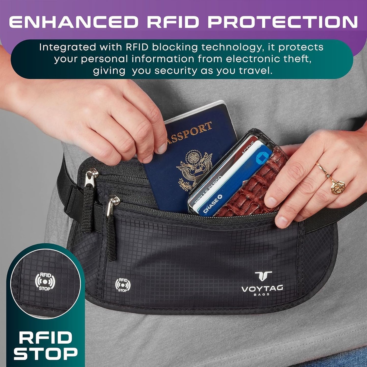 Travel Money Belt & Passport Holder - RFID Blocking Slim Travel Wallet & Fanny Pack for Men and Women - Essential Travel Pouch for Cash, Credit Cards, and Documents (Grey)
