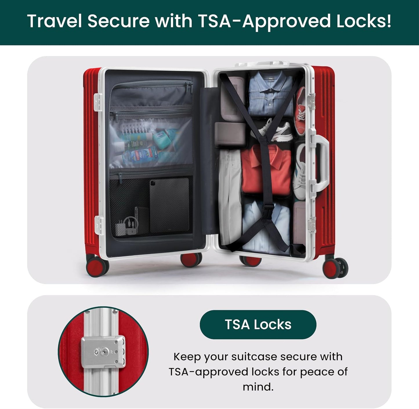 Nobl Travel Carry On Luggage, Noble Zipperless Aluminum Frame PC Hard Shell Suitcase, 20.8"x15"x8.7" Airline Approved, 360° Spinner Wheels, TSA Locks, USB Charging Port, Cup & Phone Holder - Red