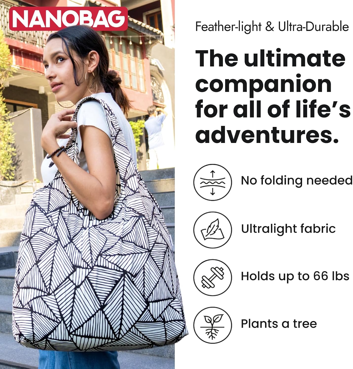 Nanobag Ultra-Lightweight Heavy Duty Foldable Tote for Women & Men, Reusable Grocery & Travel Bag, Packable Collapsible Compact Market Essential (XL Black)