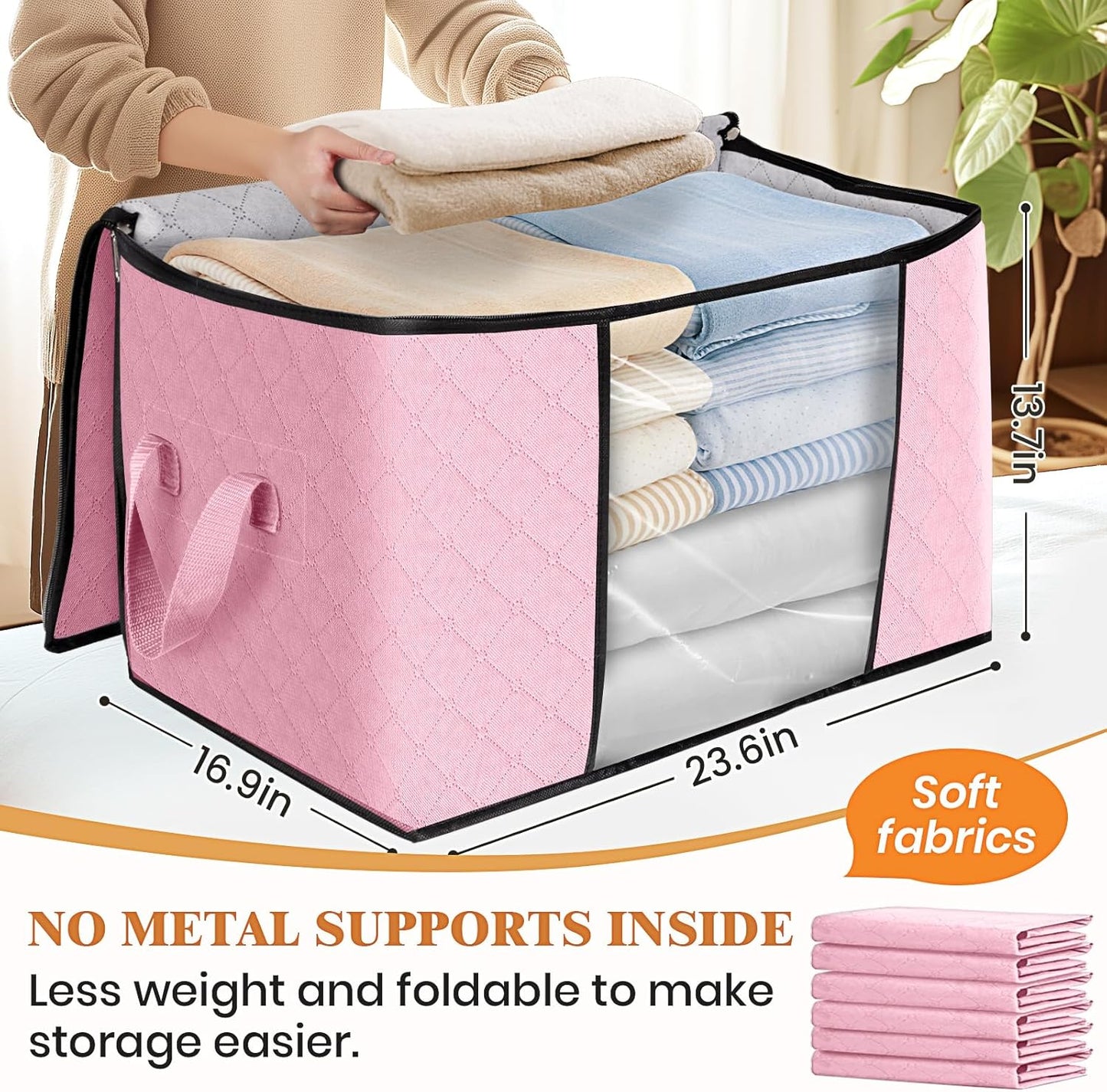 Fab totes 24 Gallons Clothes Storage, Foldable Thick Fabric Blanket Storage Bags, Containers for Organizing Bedroom, Closet, Clothing, Comforter, Organization with Handle (6 Pack,Pink)