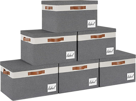 GhvyenntteS 6 Pack Fabric Storage Bins with Lid, Large Closet Storage Bins with Lid and 3 PU Handles, Foldable Fabric Storage Boxes with Label Window for Home Bedroom Office (Grey, Large)