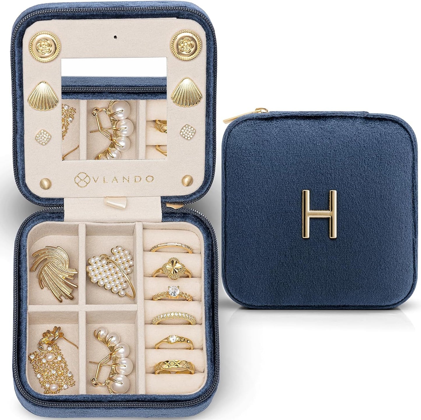 Vlando Jewelry Case for Girls Womens Fashion, Pink Jewelry Box Travel Must Haves, Jewelry Box for Girls, Small Travel Jewelry Case Birthday Gifts for Travel Gifts for Women - Letter H, Dark Blue