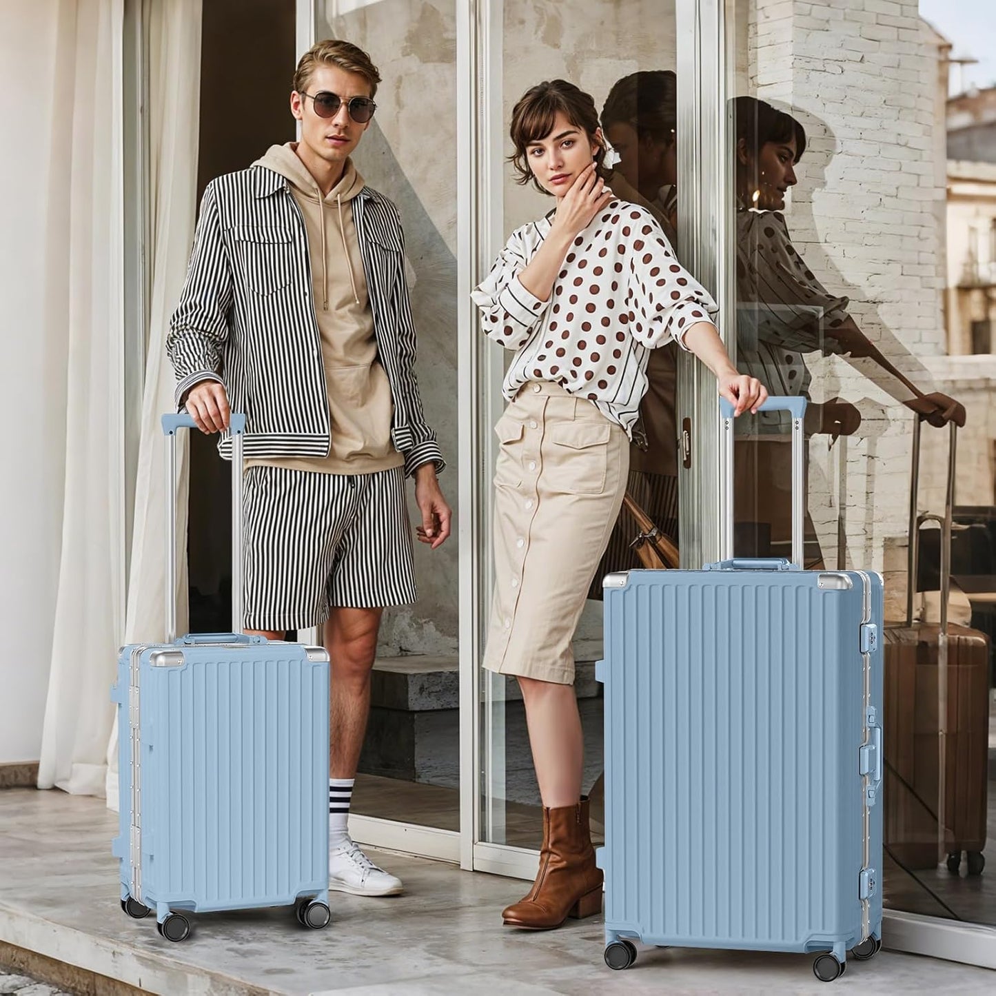 AnyZip Luggage Sets 2 Piece Aluminum Frame Carry On and Checked Suitcase PC ABS Hard Shell TSA Lock No Zipper(Hazeblue, 20/28)