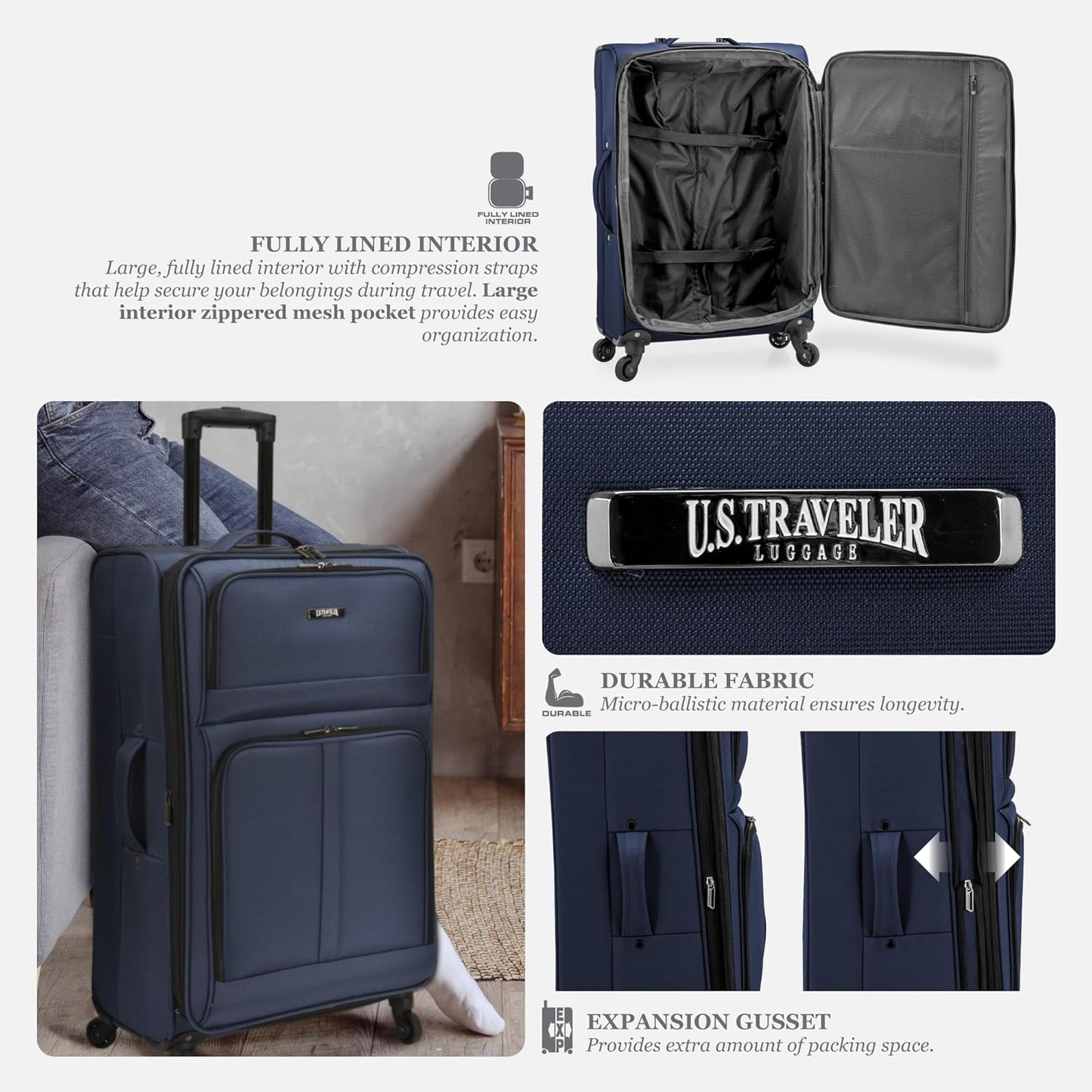 U.S. Traveler Anzio Softside Expandable Spinner Luggage, Navy, 2-Piece Set (22/30)