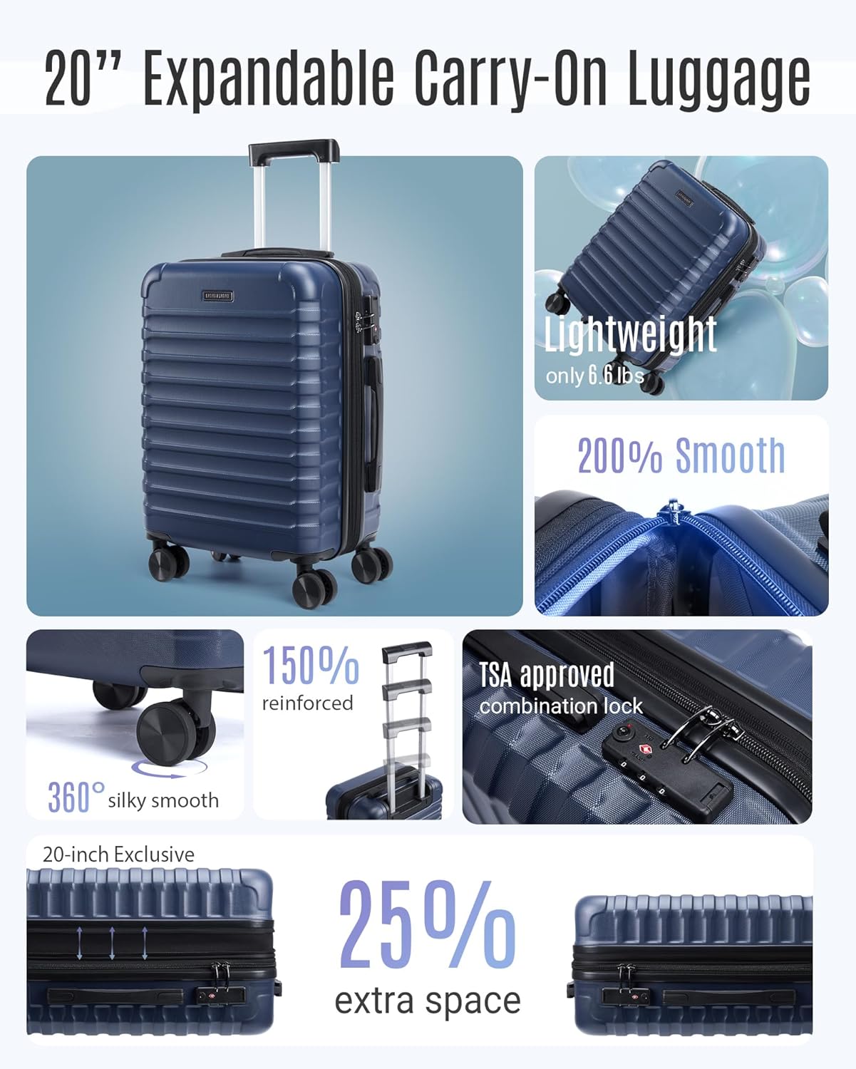 LIGHT FLIGHT Carry On Luggage 22x14x9 Airline Approved, Carry On Suitcases with Wheels, Expandable Hardside Lightweight Rolling Travel Luggage with TSA Lock 20 Inch Carryon, Dark Blue