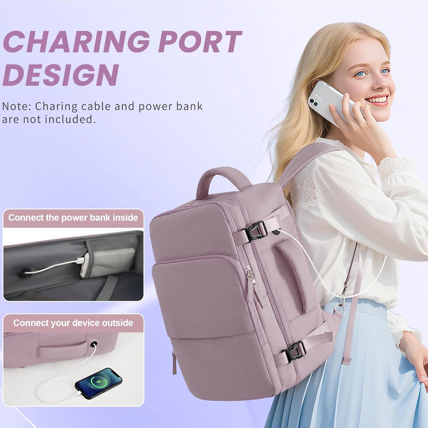 Travel Backpack, Carry on Flight Approved Backpack with Multi-Pockets, TSA Waterproof 17.3inch Laptop Backpack, Personal Item Travel Bag for Men Women, Light Purple