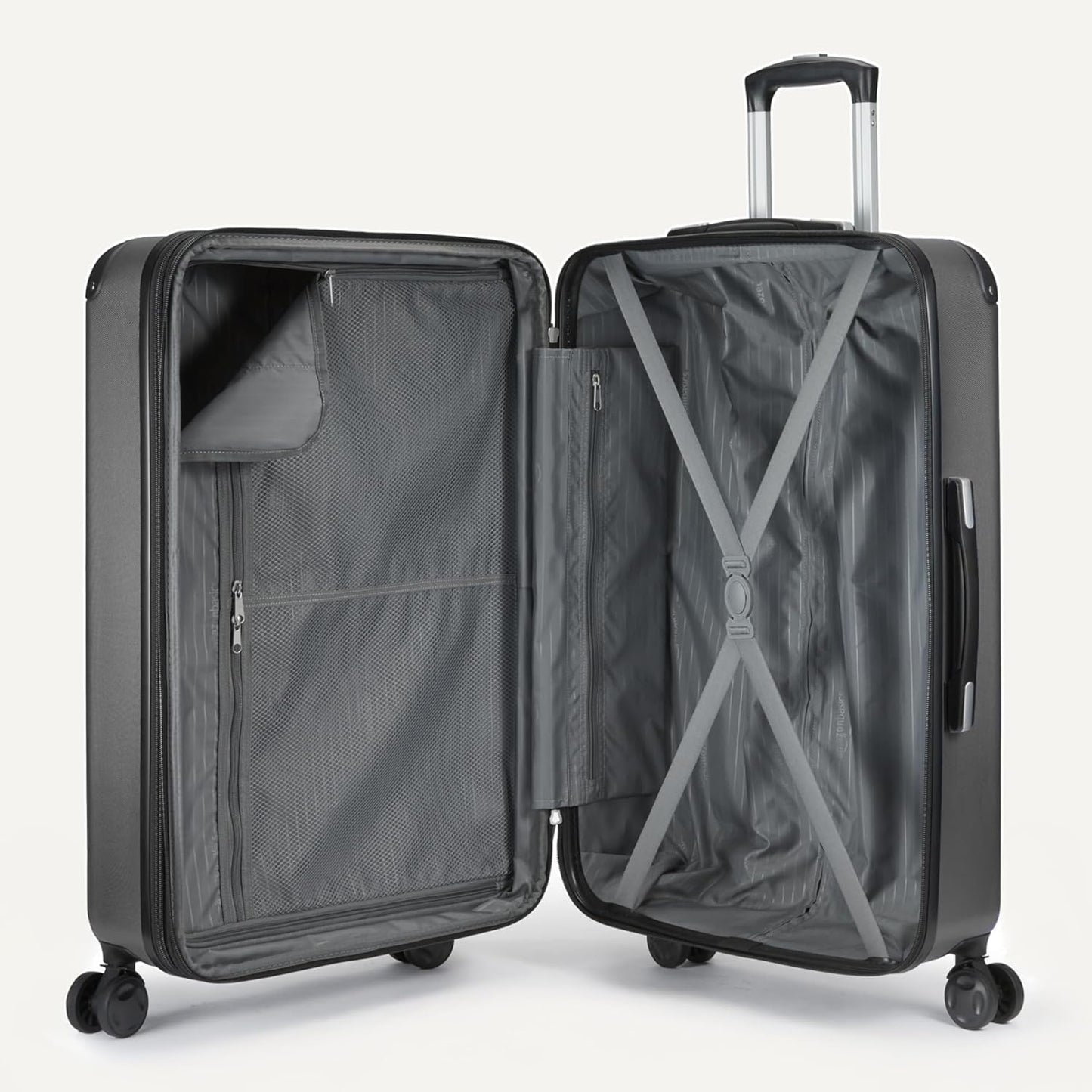 Amazon Basics 4-Piece Luggage Set, Including Two Hardside Suitcases With Multi-directional Spinner Wheels (22" Carry-On and 28" Checked), 15" Tote Bag and 10" Compact Travel Bag, Black