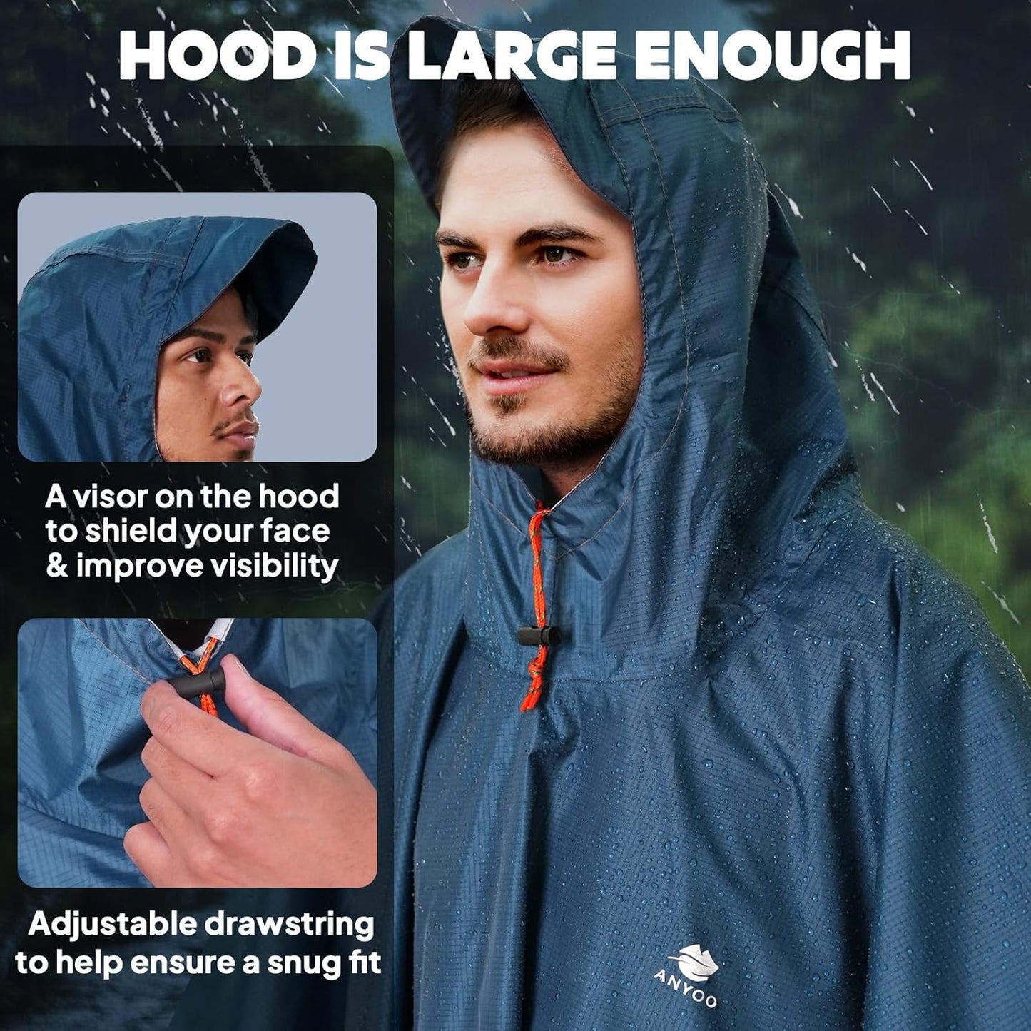 ANYOO Hooded Rain Poncho for Adults Waterproof Lightweight Rain Coat for Men Women Reusable Rain Jacket for Emergency Outdoor