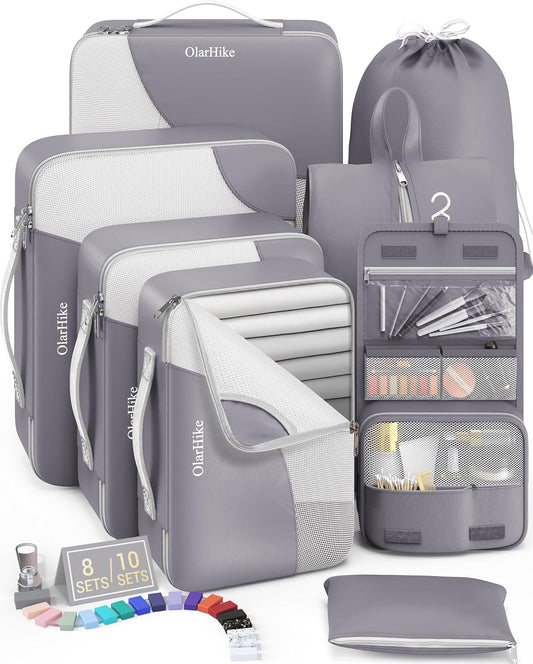OlarHike 8 Set Packing Cubes for Travel, Sturdy Suitcase Organizer in 4 Sizes (Extra Large, Large, Medium, Small), OlarHike Luggage Cubes with Toiletry Bag, Cruise Ship Gifts for Men (Grey)