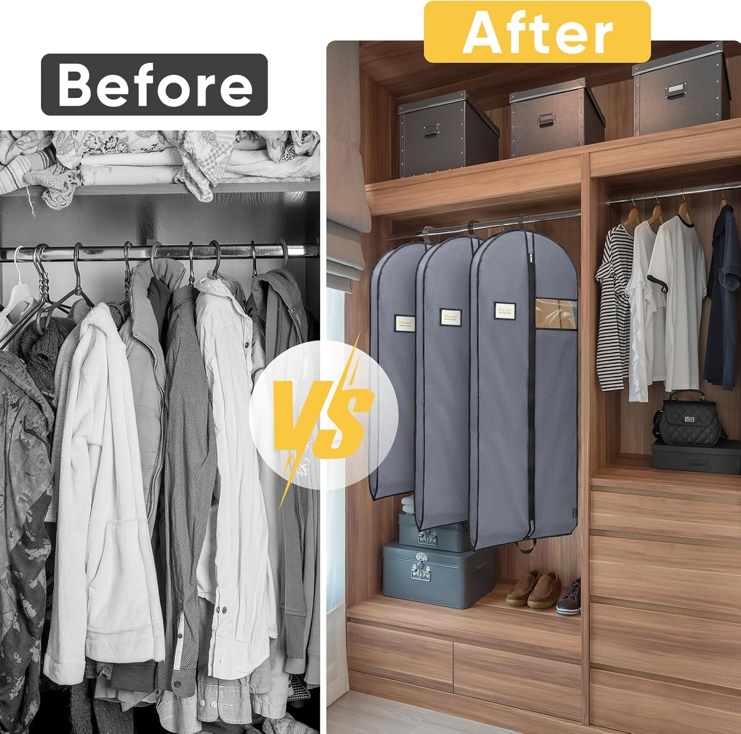 BALEINE 5PK Heavy Duty Garment Bag with Shoe Storage Travel Bag for Dresses, Suit, Coats Travel Essential (60", Grey)